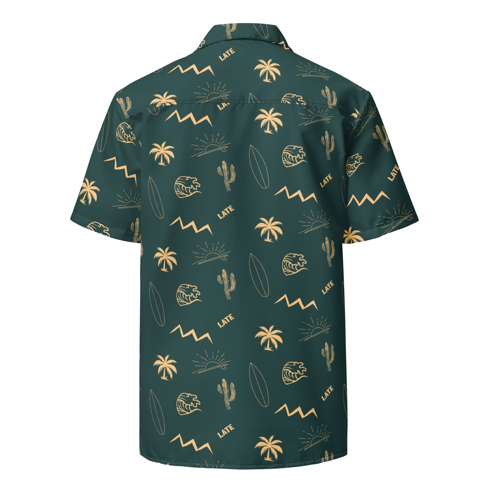 Chemise surfwear vintage, Logo Late, vagues tahitienne, montagnes alpines, cactus et palmier couleur verte et blanc sable. Chemise de dos