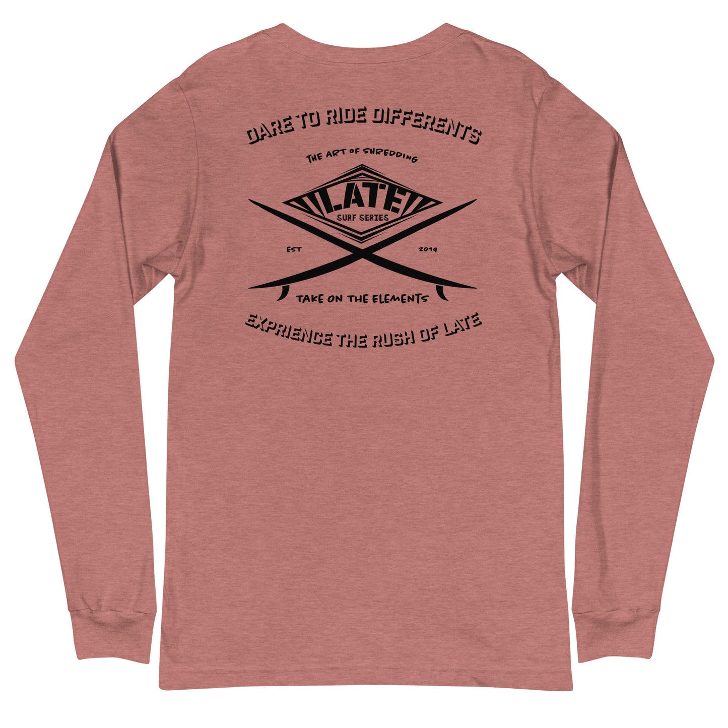 Long Sleeve surf vintage Take On The Elements Logo Late surf series, texte dare to ride differents couleur mauve