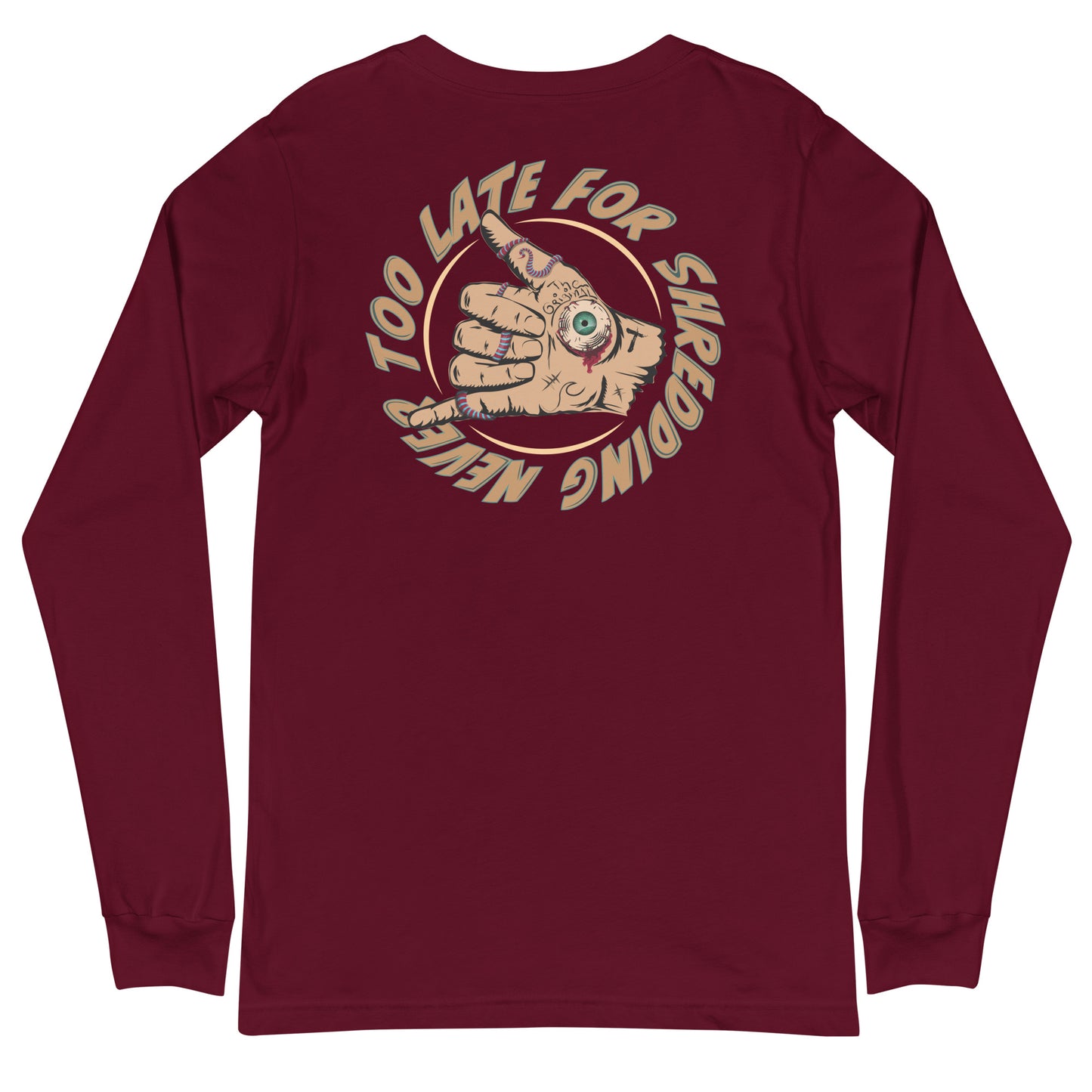 Long Sleeve surfing shaka hand Never Too Late style volcom, dos unisex couleur bordeaux