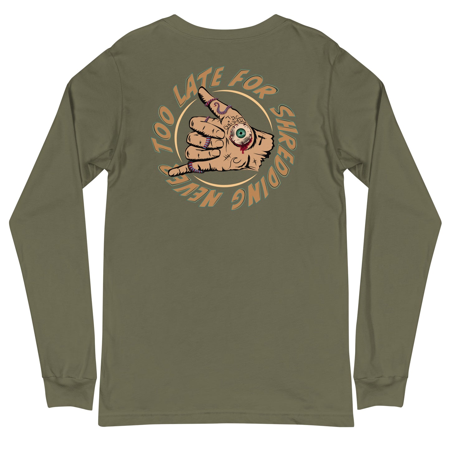 Long Sleeve surfing shaka hand Never Too Late style volcom, dos unisex couleur vert militaire