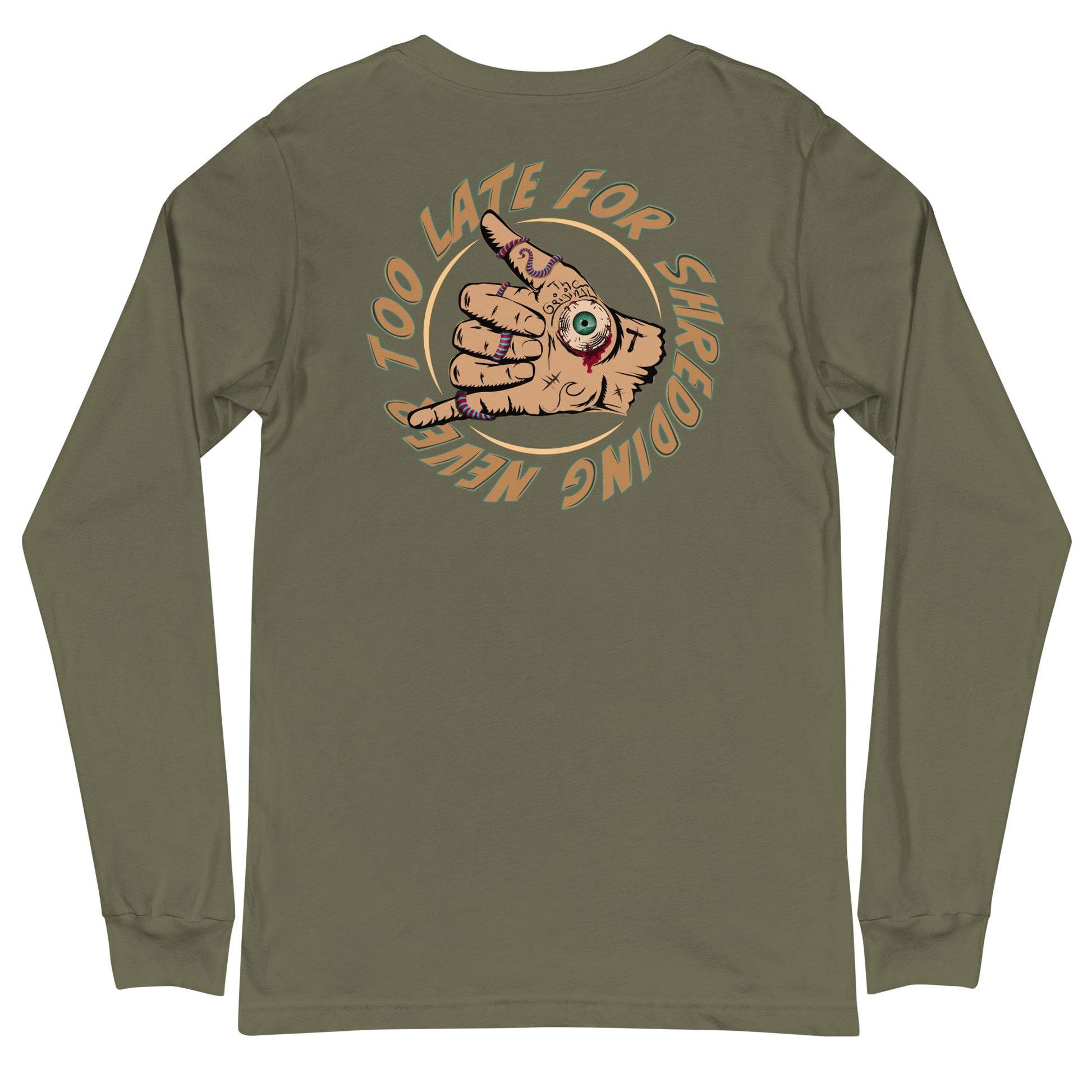 Long Sleeve surfing shaka hand Never Too Late style volcom, dos unisex couleur vert militaire