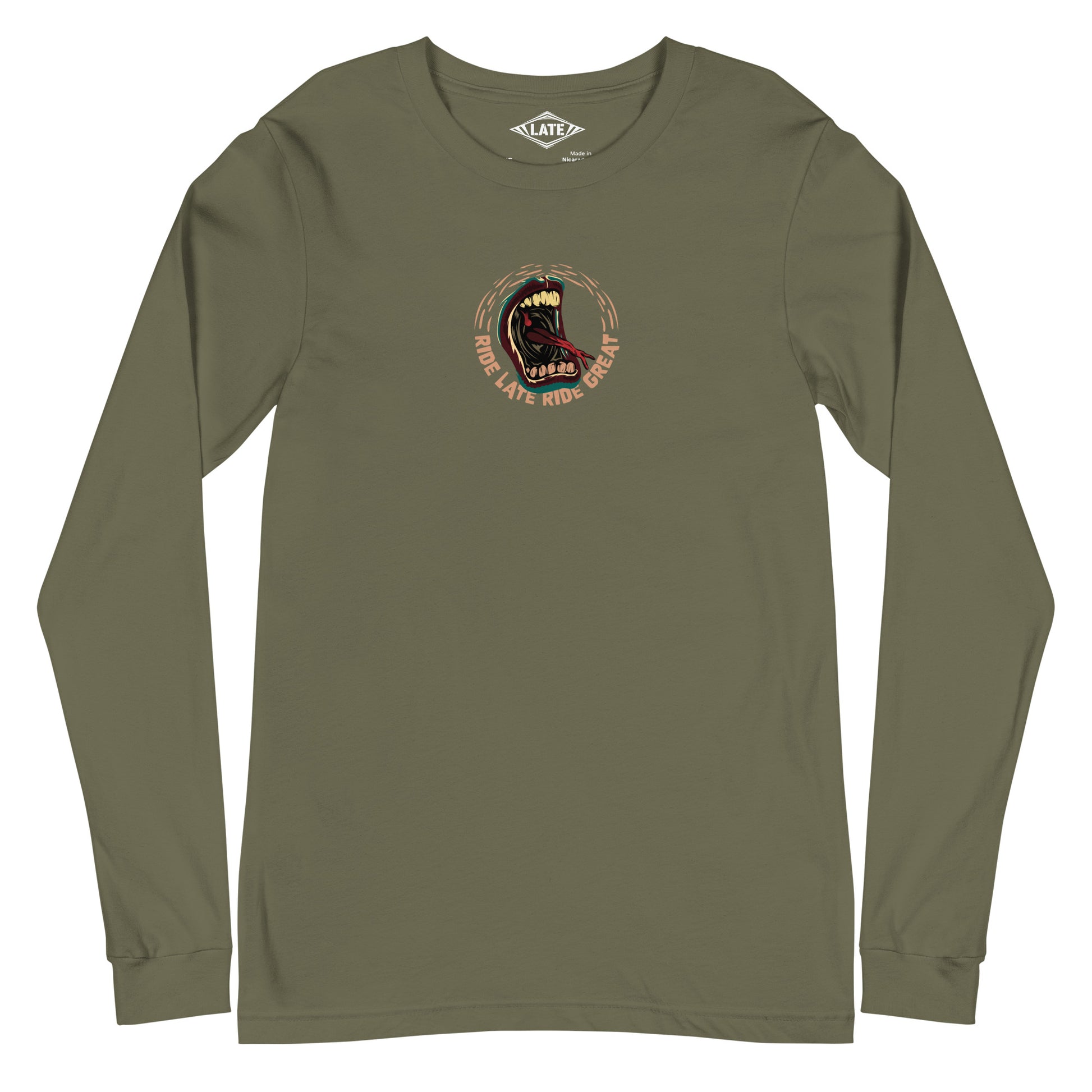 Long Sleeve skateboarding Ride Late Live Late face unisex vert militaire