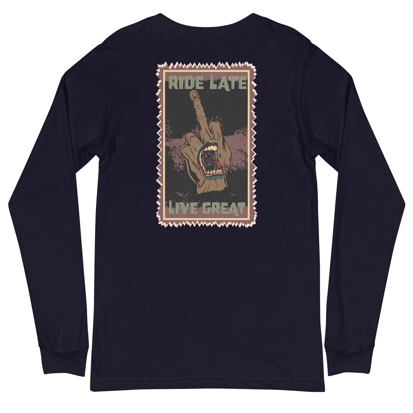 Long Sleeve skate Ride Late Live Late, main majeur en l'air grunge volcom, dos unisex couleur navy