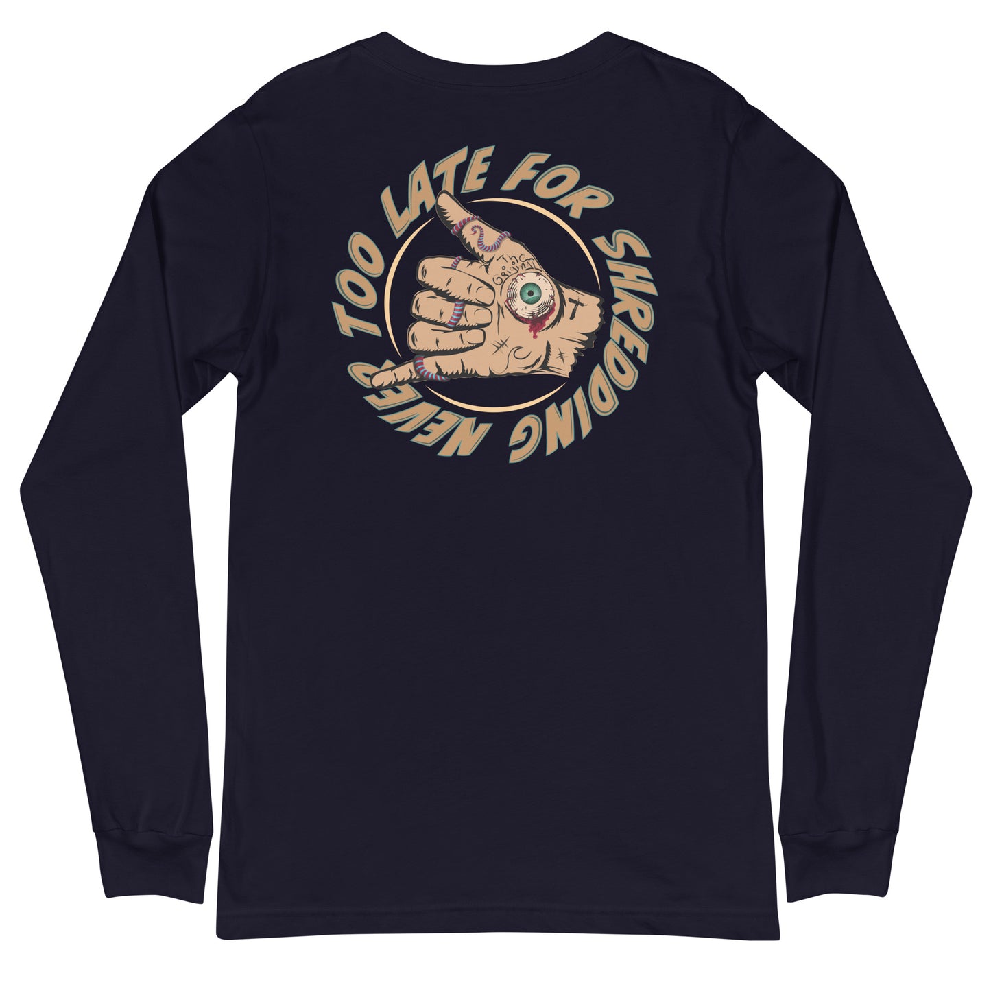 Long Sleeve surfing shaka hand Never Too Late style volcom, dos unisex couleur navy