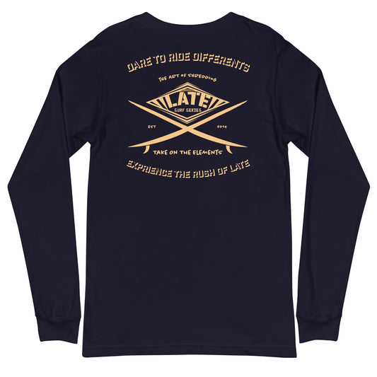Long Sleeve surf vintage Take On The Elements Logo Late surf series, texte dare to ride differents couleur navy
