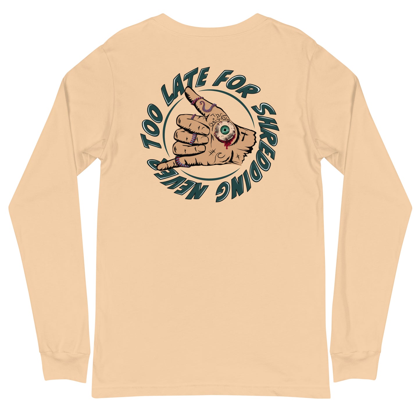 Long Sleeve surfing shaka hand Never Too Late style volcom, dos unisex couleur sable