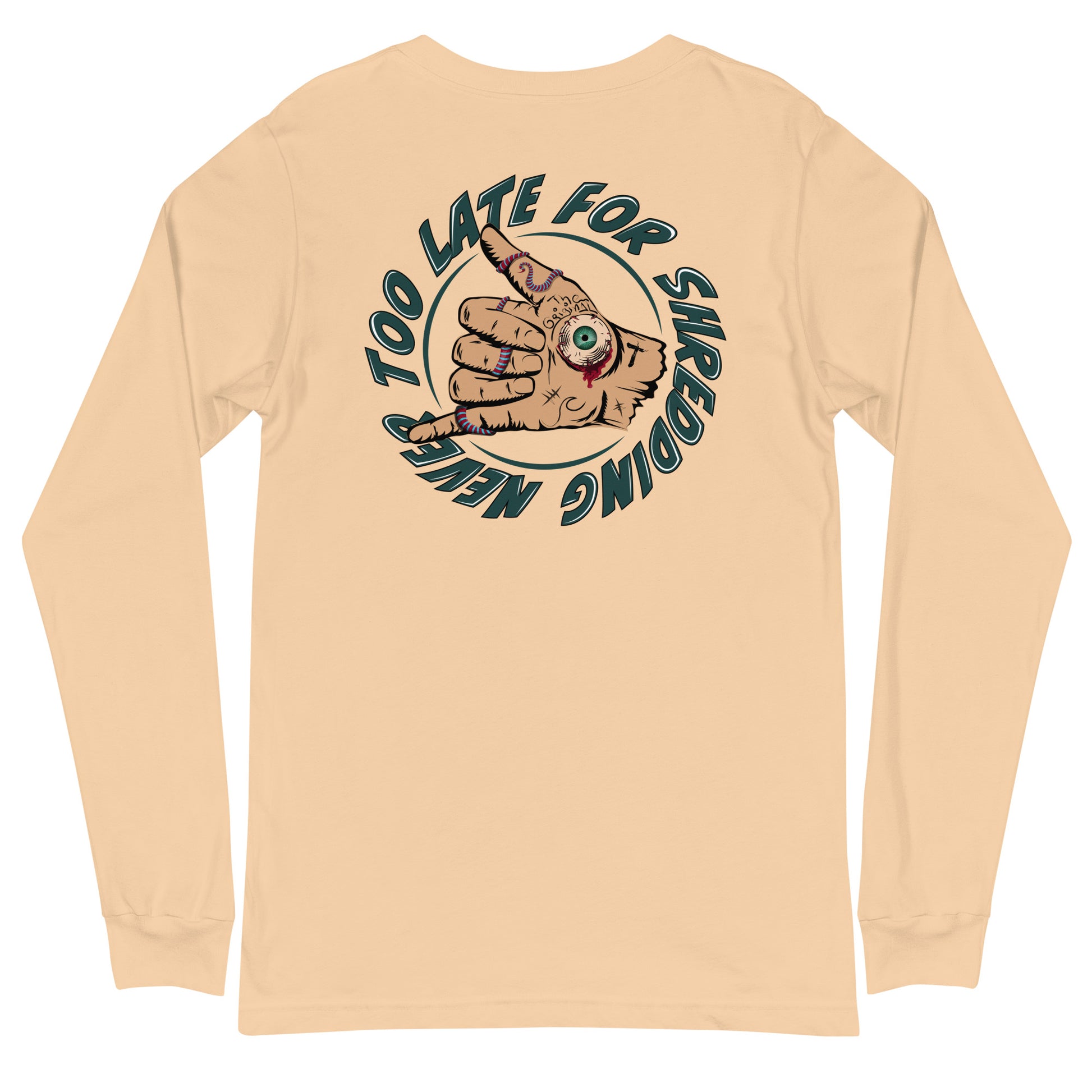 Long Sleeve surfing shaka hand Never Too Late style volcom, dos unisex couleur sable