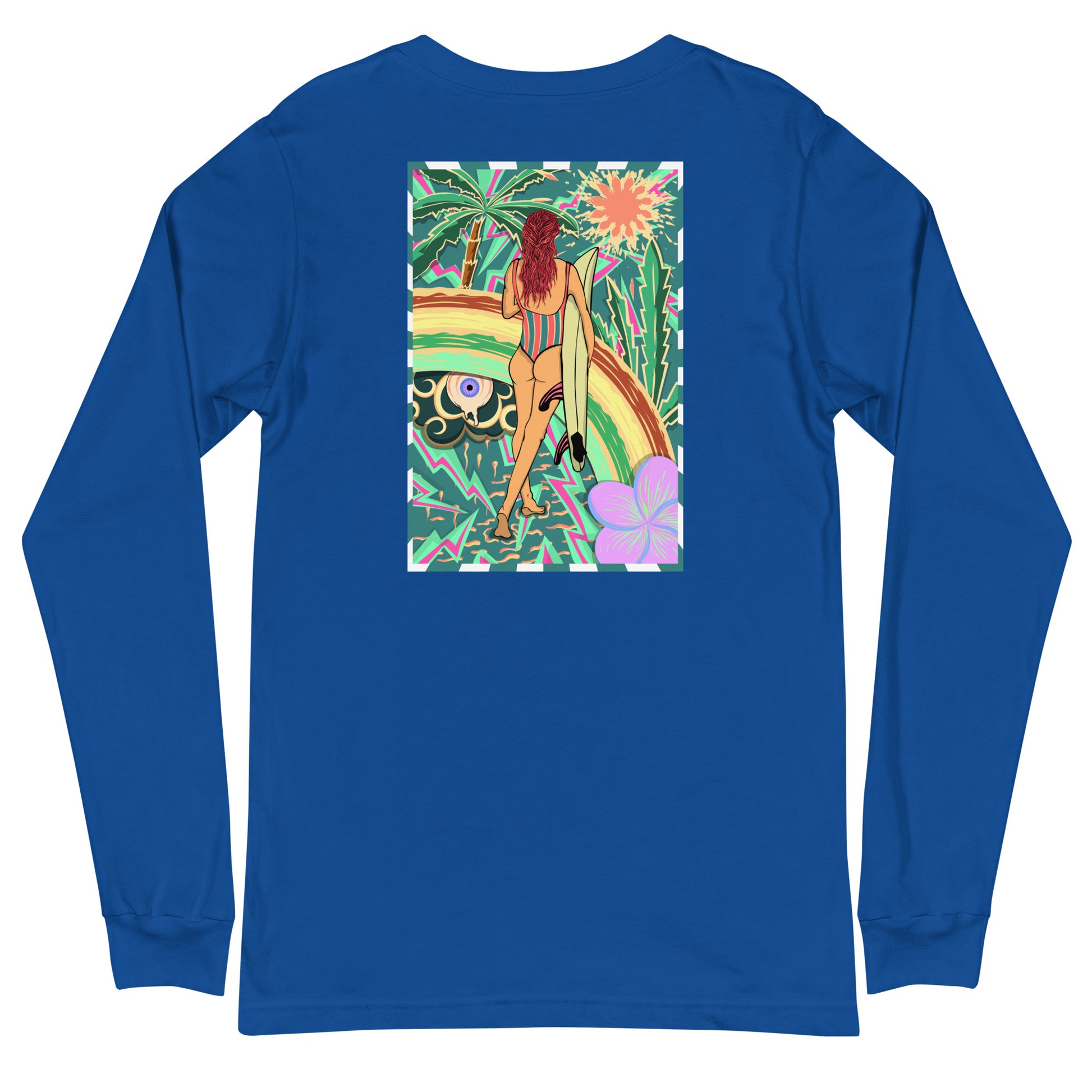 Long Sleeve vintage volcom psychédélique style Walk Of Life surfeuse, unisex, dos, couleur bleu royal
