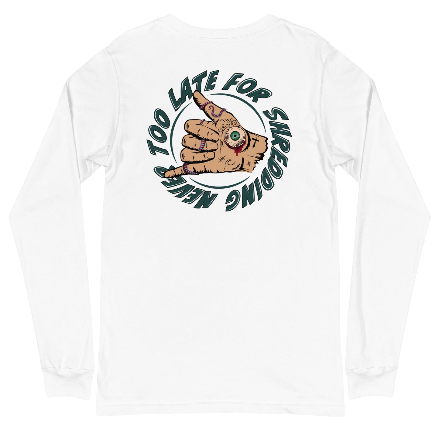 Long Sleeve surfing shaka hand Never Too Late style volcom, dos unisex couleur blanc