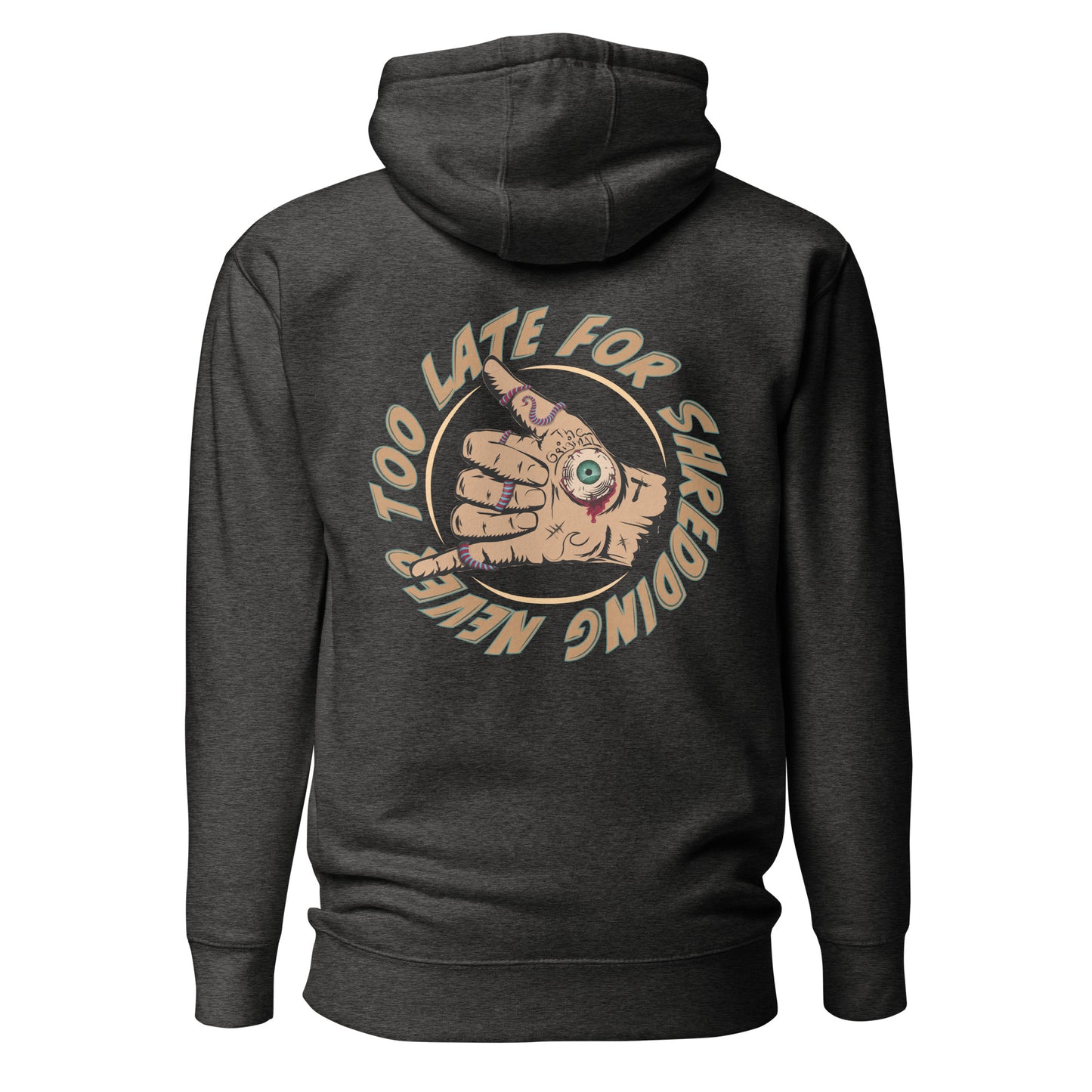 Hoodie charcoal heather unisex dos Never Late for Shredding, main shaka surfing