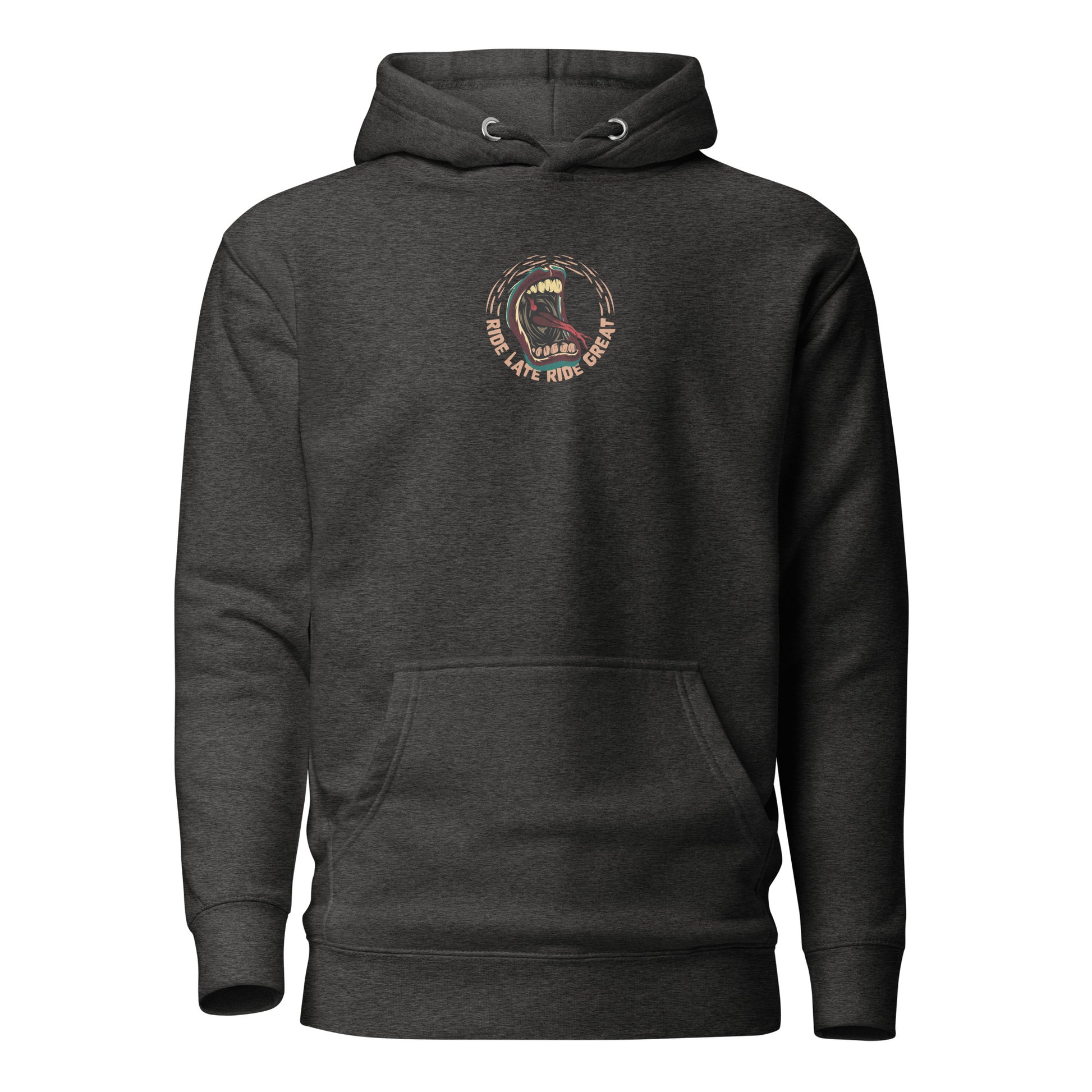 Hoodie charcoal heather face unisex Ride Late Live Great design bouche hurle style santa cruz surfing