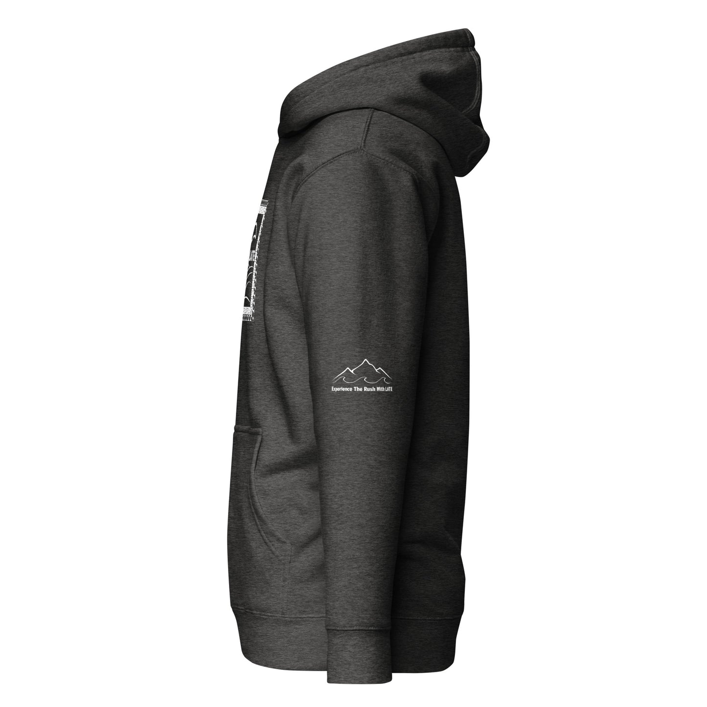 Hoodie tricky wave charcoal heather vague et sommets sur la manche gauche. Experience the rush with Late.