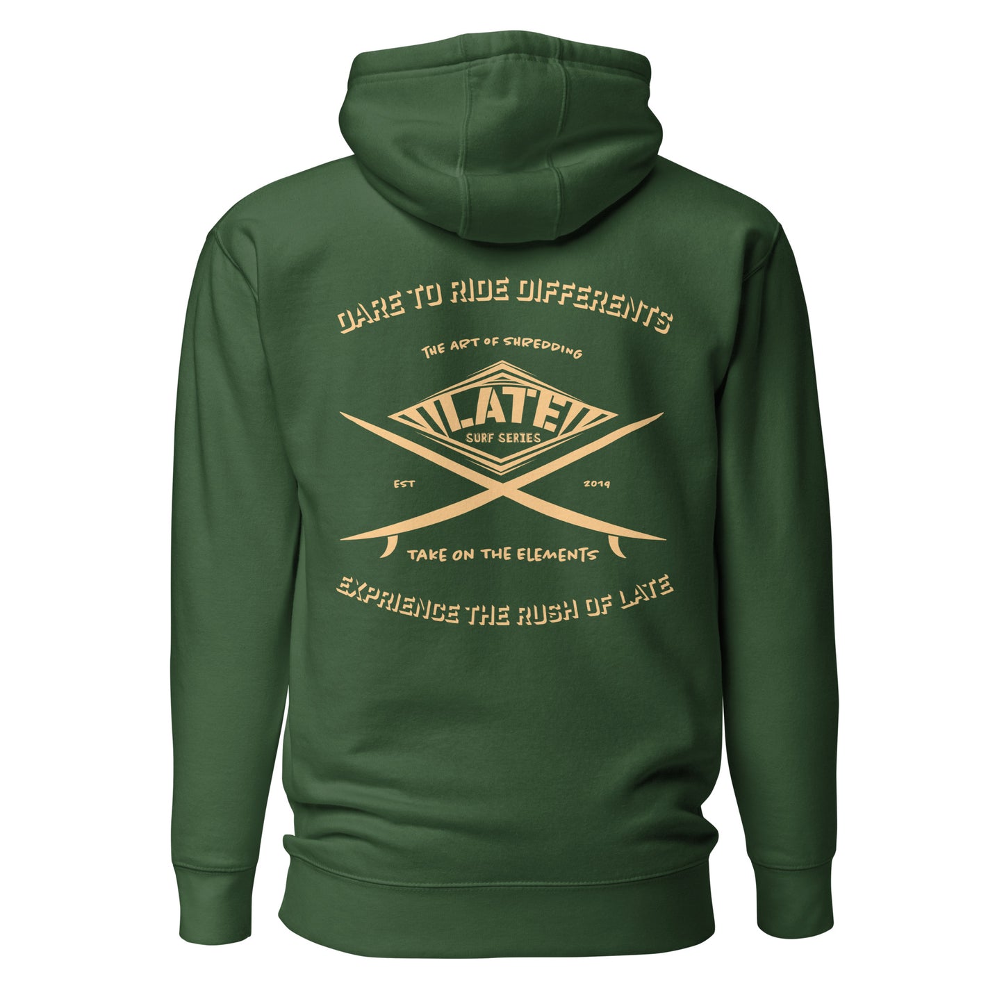 Hoodie surf vert dare to ride differents / the art of shredding / take on the elements / Logo Late surf series