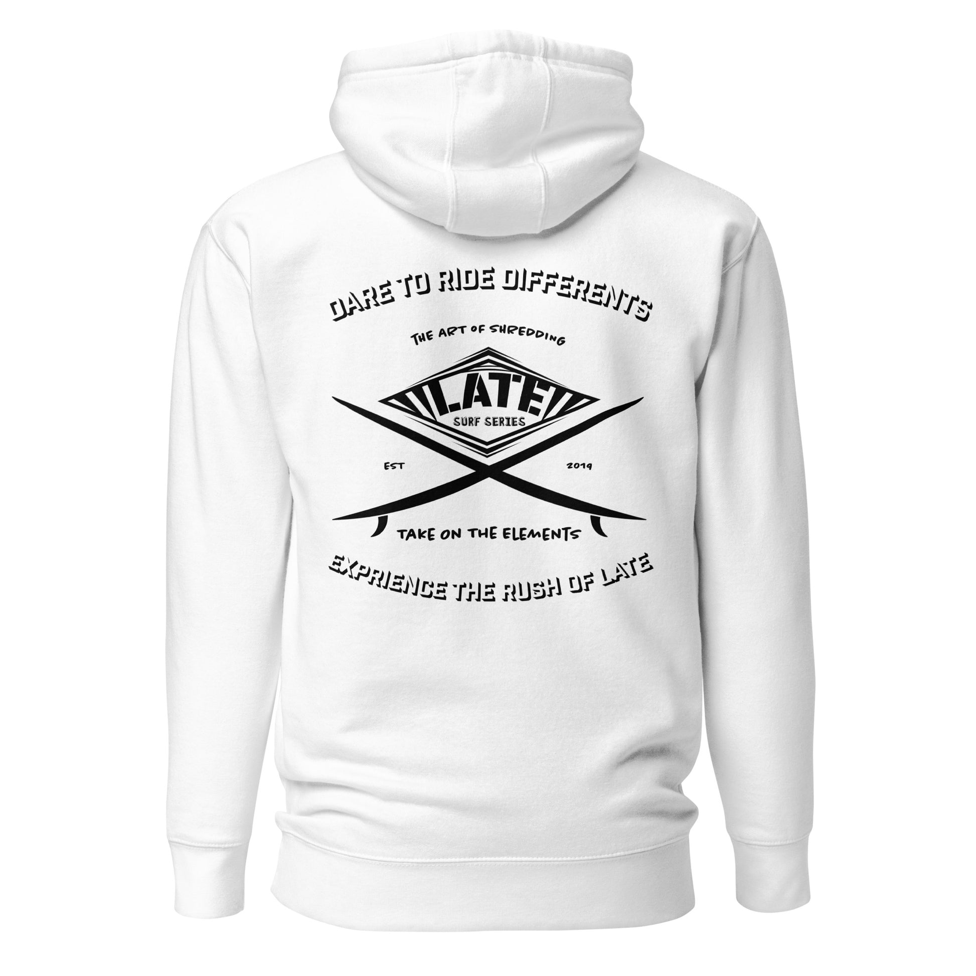 Hoodie surf blanc dare to ride differents / the art of shredding / take on the elements / Logo Late surf series