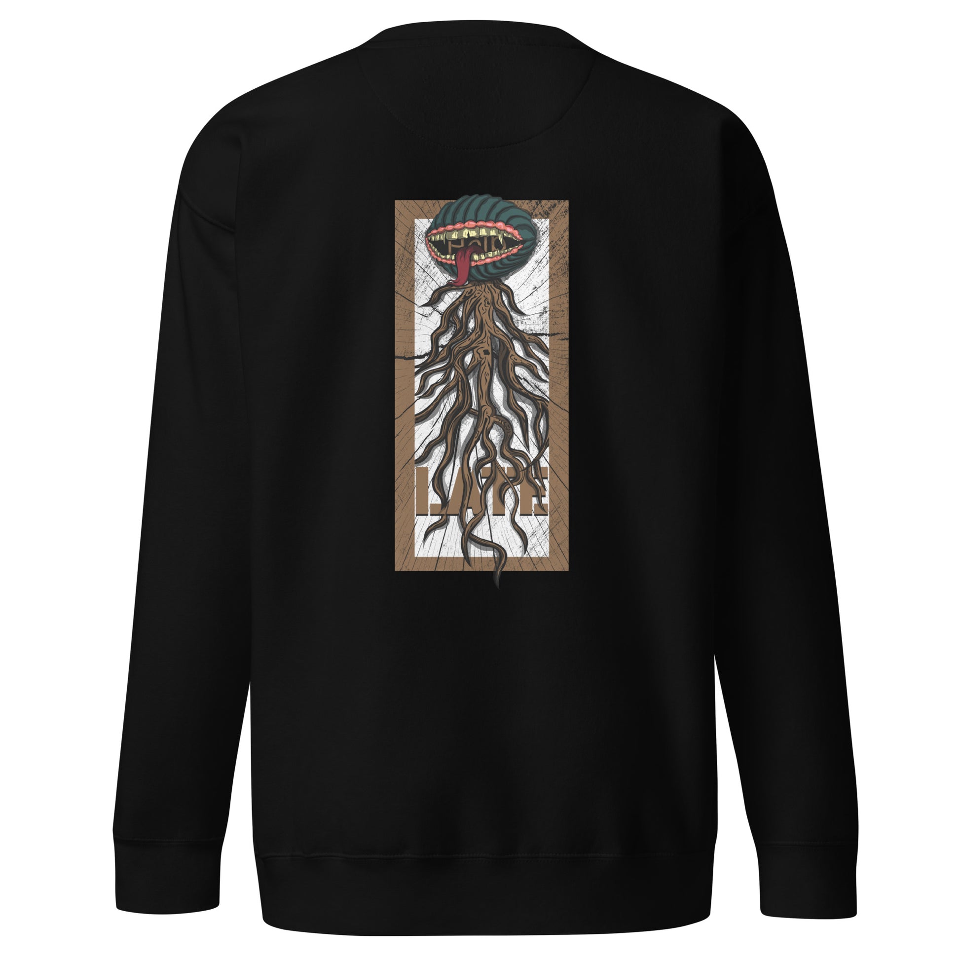 Sweatshirt Hungry plante carnivore style santacruz skateboarding, fond style bois old school skate, sweat unisex dos couleur noir