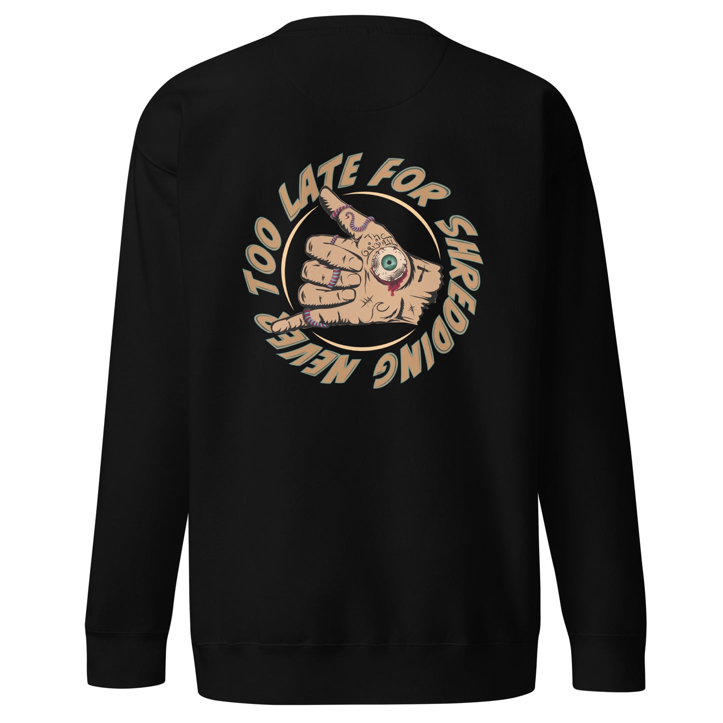Sweatshirt Never Too Late shaka hand volcom style surfeur, avec le logo Late surfoard, sweat unisex de dos couleur noir