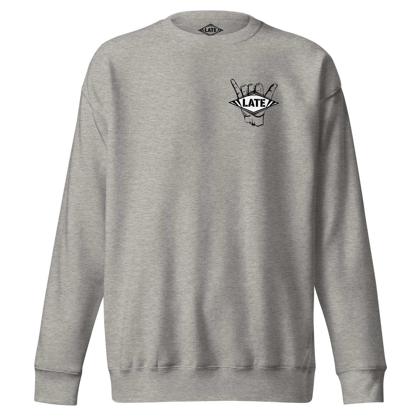 Sweatshirt Never Too Late shaka hand surfeur, avec le logo Late surfoard, sweat unisex de face couleur gris