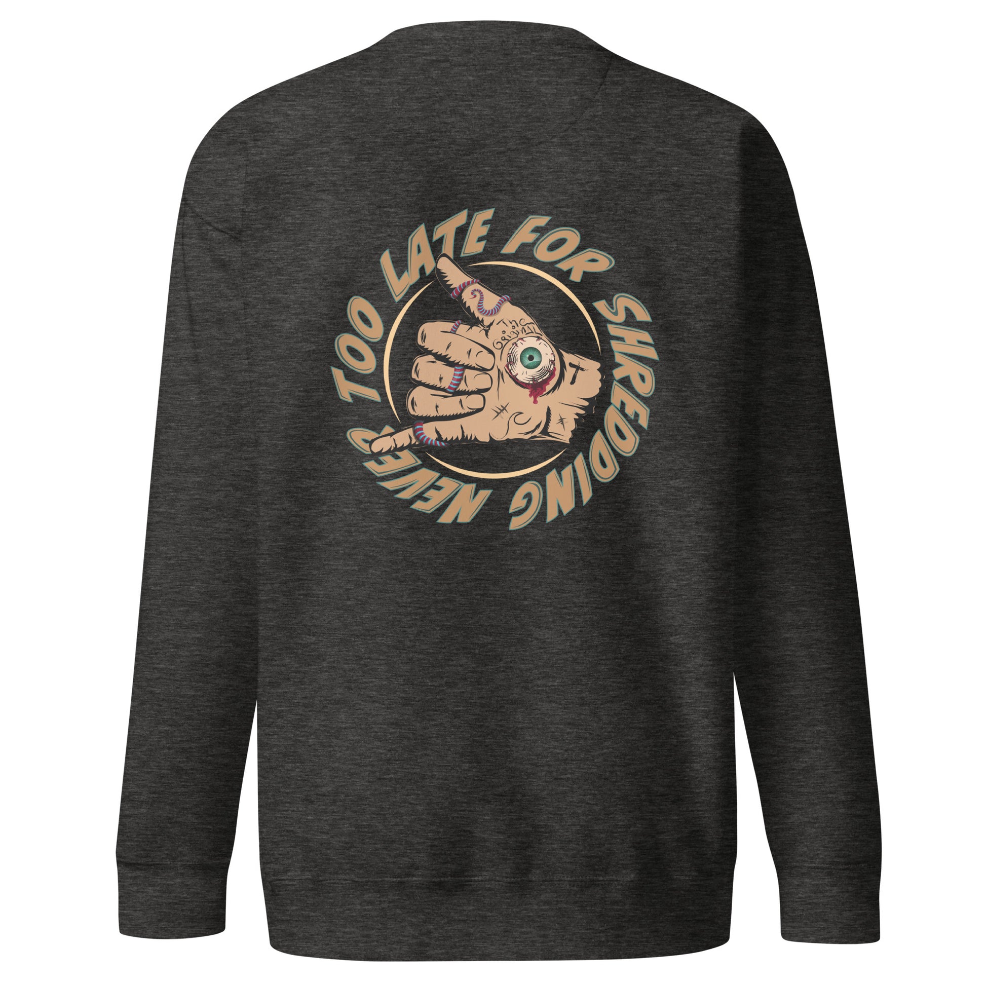 Sweatshirt Never Too Late shaka hand volcom style surfeur, avec le logo Late surfoard, sweat unisex de dos couleur charcoal