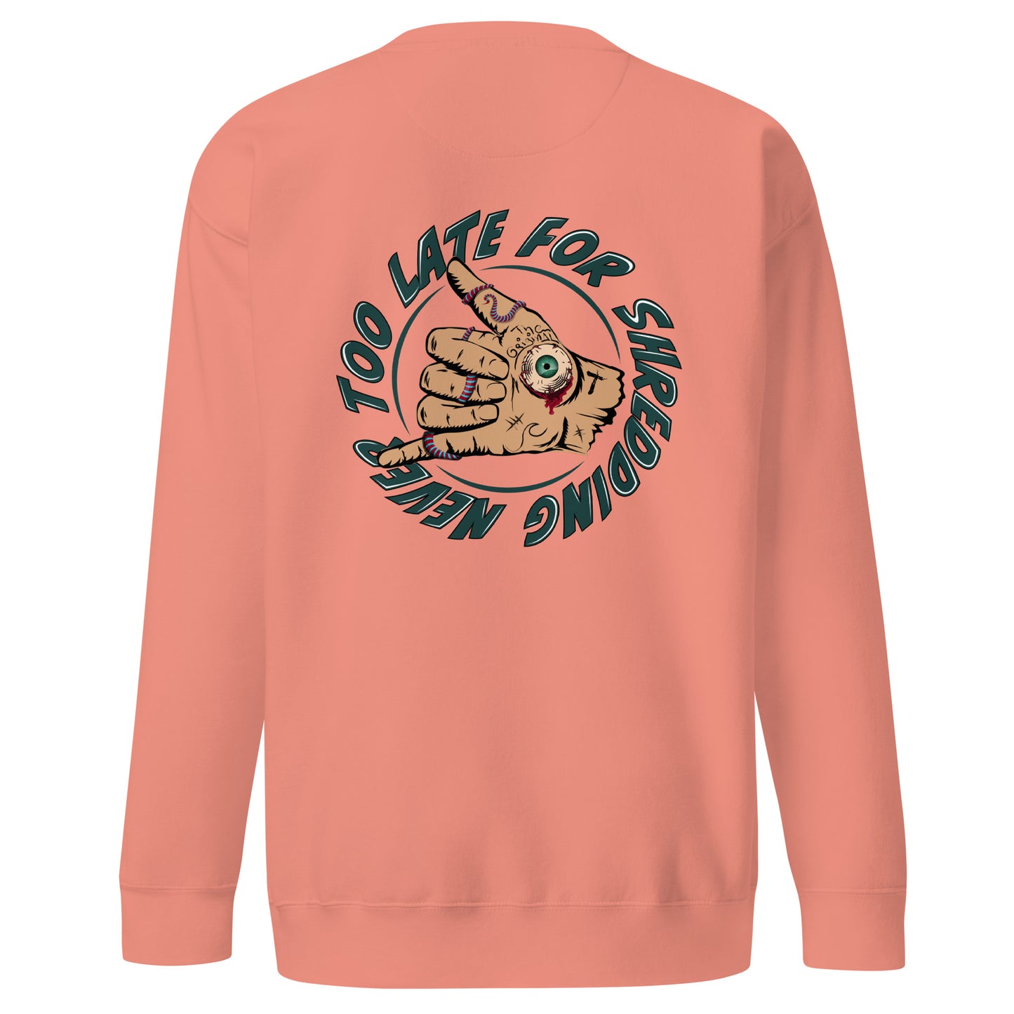 Sweatshirt Never Too Late shaka hand volcom style surfeur, avec le logo Late surfoard, sweat unisex de dos couleur rose