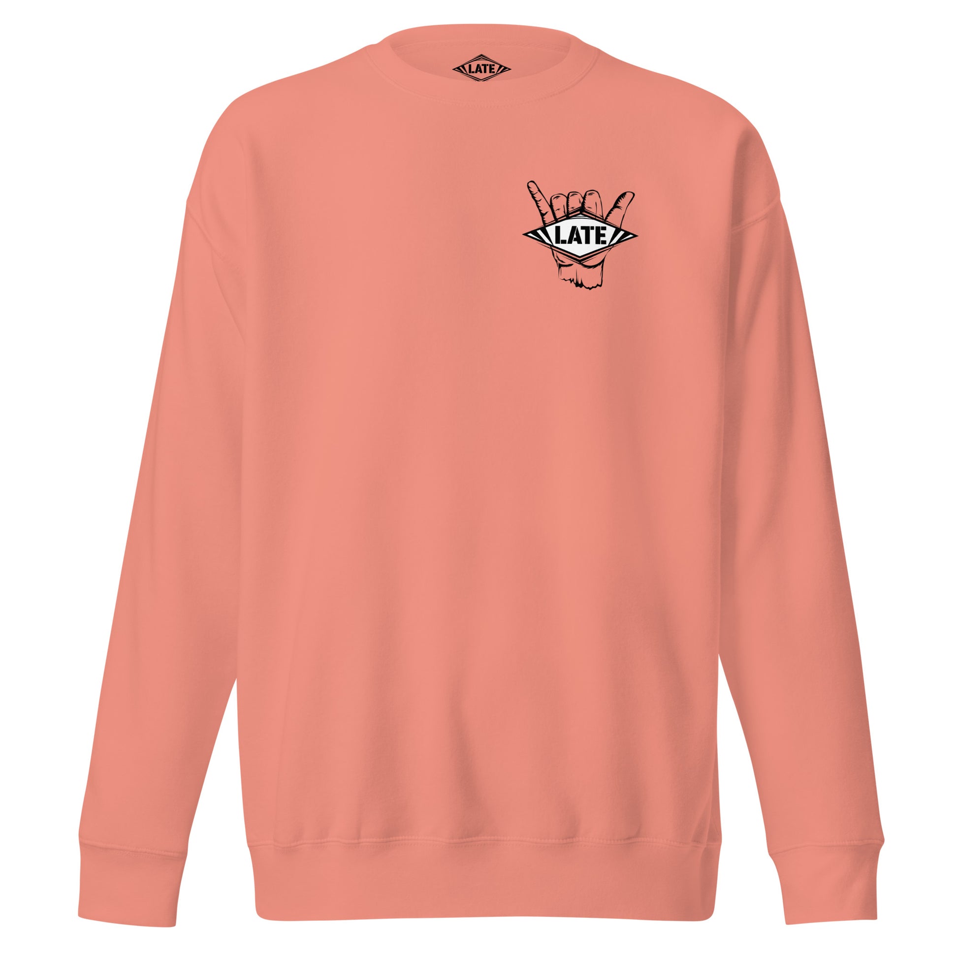 Sweatshirt Never Too Late shaka hand surfeur, avec le logo Late surfoard, sweat unisex de face couleur rose