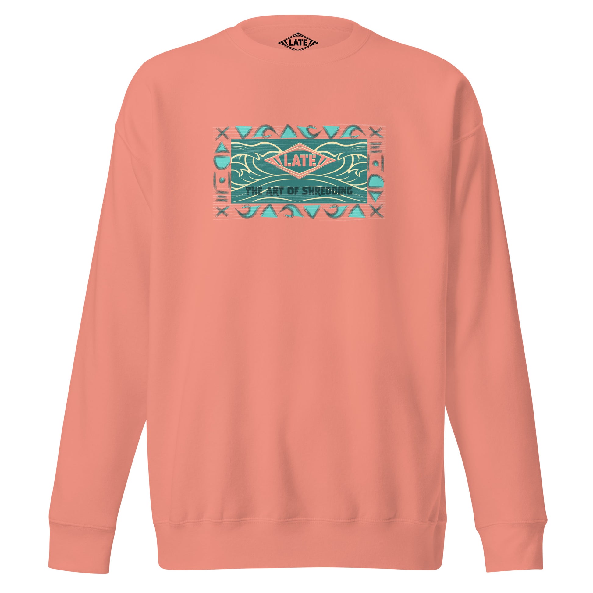 Pull vintage art of shredding, motifs hawaïen vagues, et océan avec le logo surfshop Late, sweatshirt unisex rose