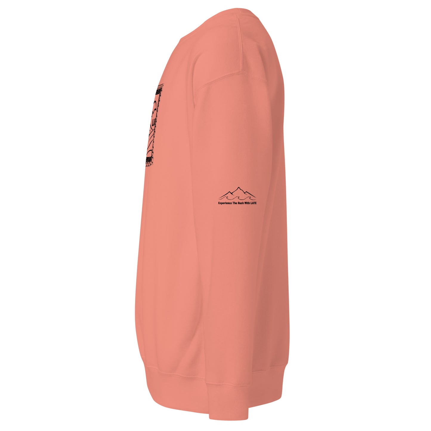 Sweatshirt surfeur Tricky Wave vague et montagne texte experience the rush. sweat de profil couleur rose