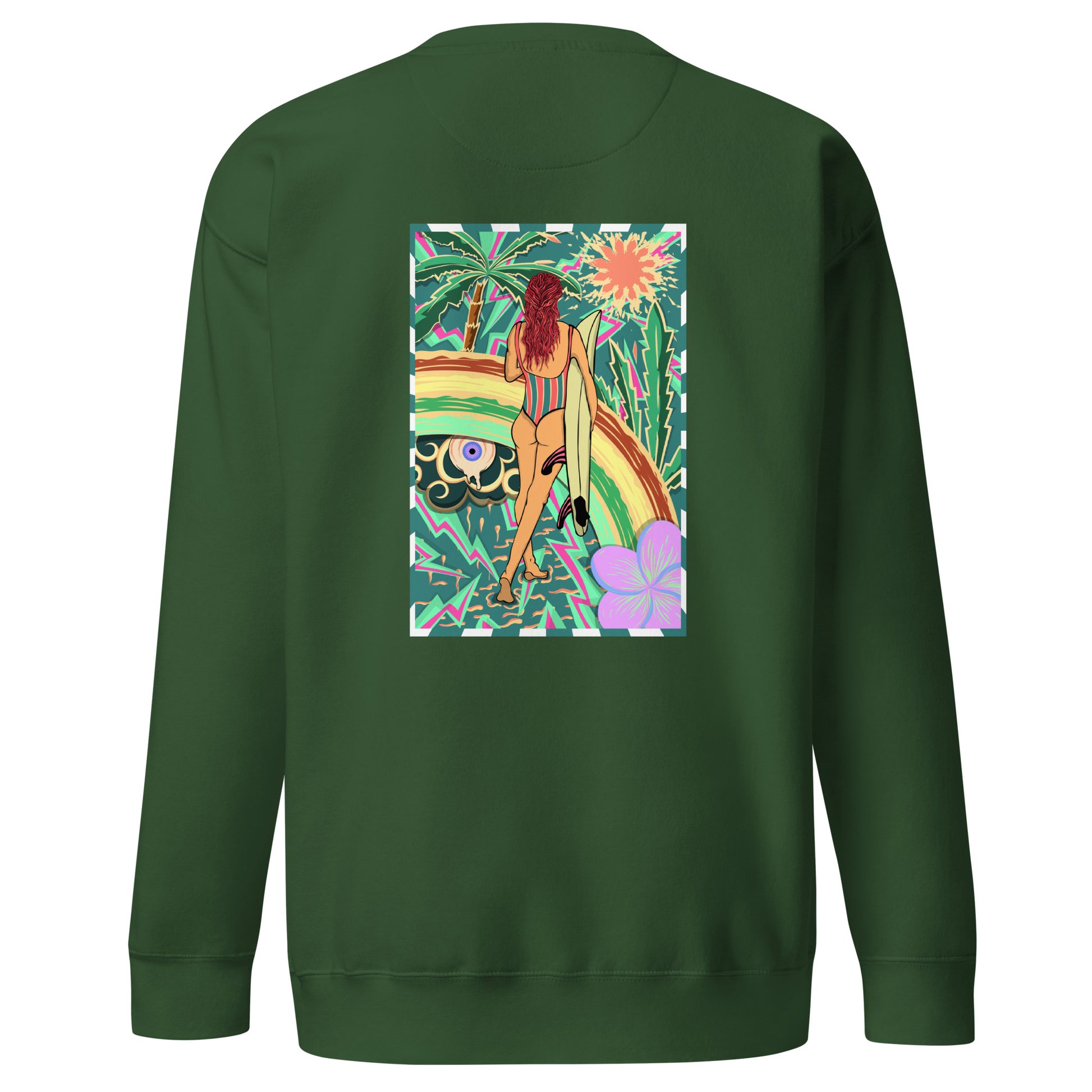 Sweatshirt surfeuse Walk Of Life psychédélique palmier fleur de vanille, sweat unisex couleur vert