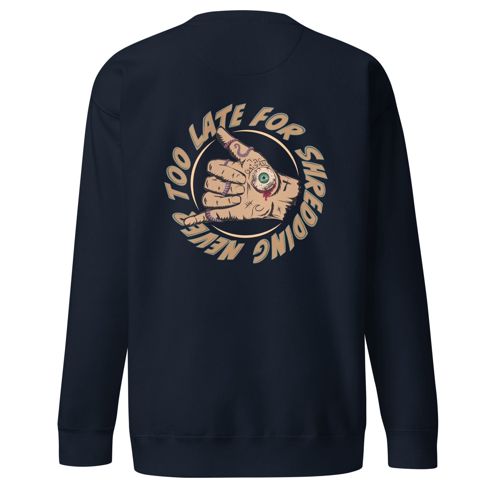 Sweatshirt Never Too Late shaka hand volcom style surfeur, avec le logo Late surfoard, sweat unisex de dos couleur navy