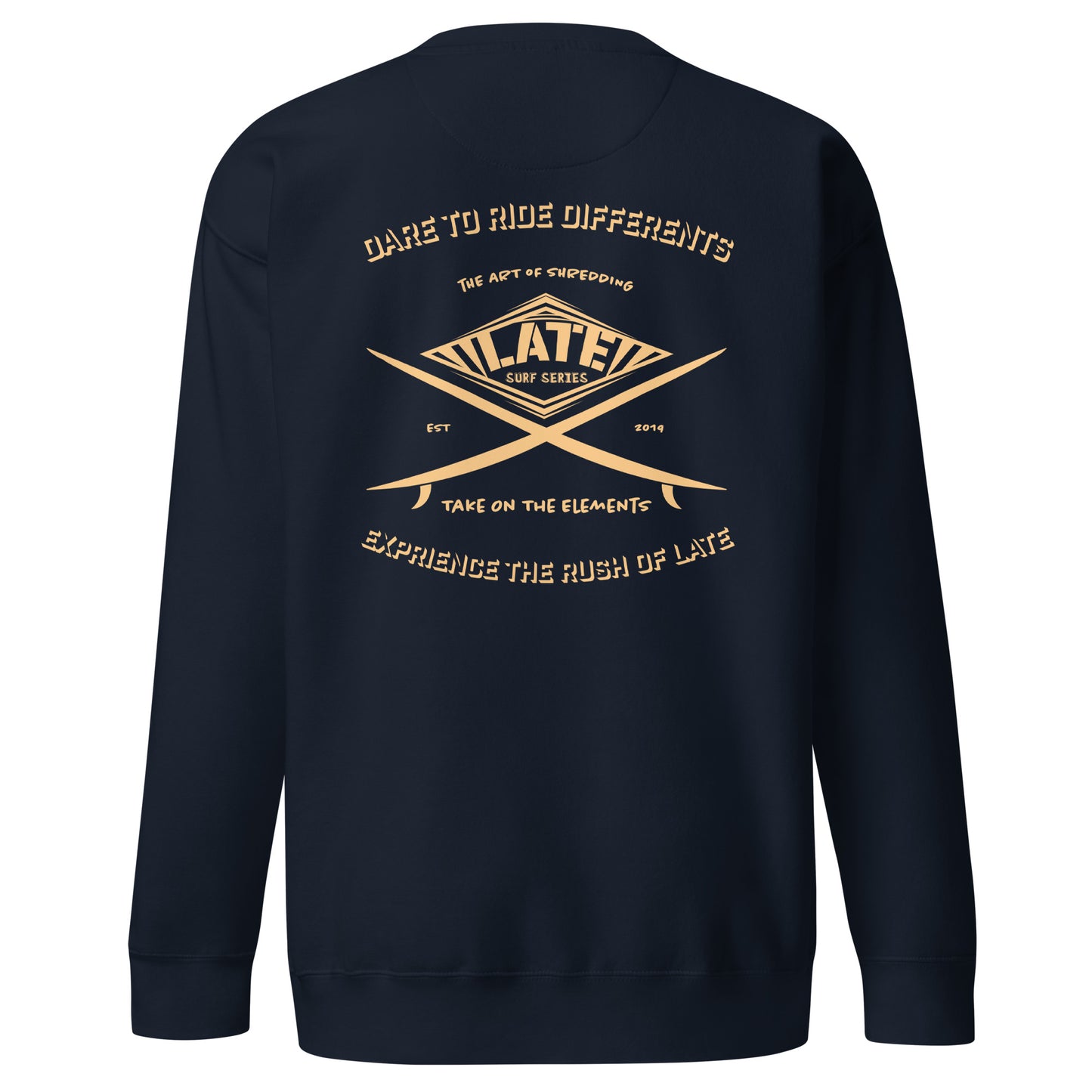 Sweatshirt surfboard dare to ride differents Take On The Elements experience the rush with Late de dos unisex couleur navy
