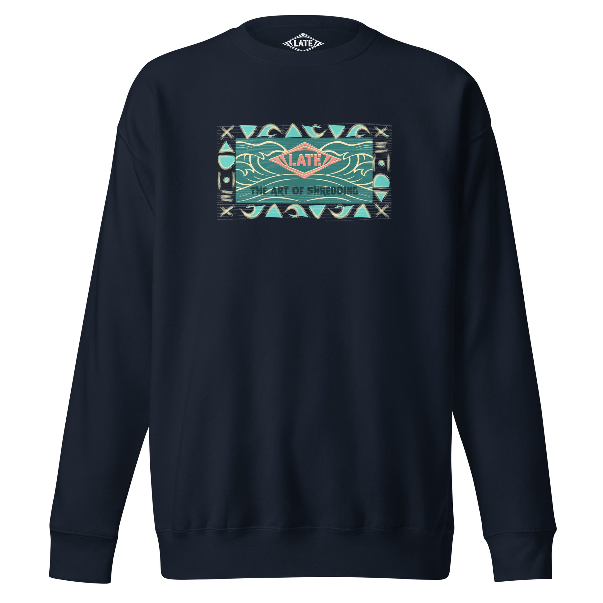 Pull vintage art of shredding, motifs hawaïen vagues, et océan avec le logo surfshop Late, sweatshirt unisex navy