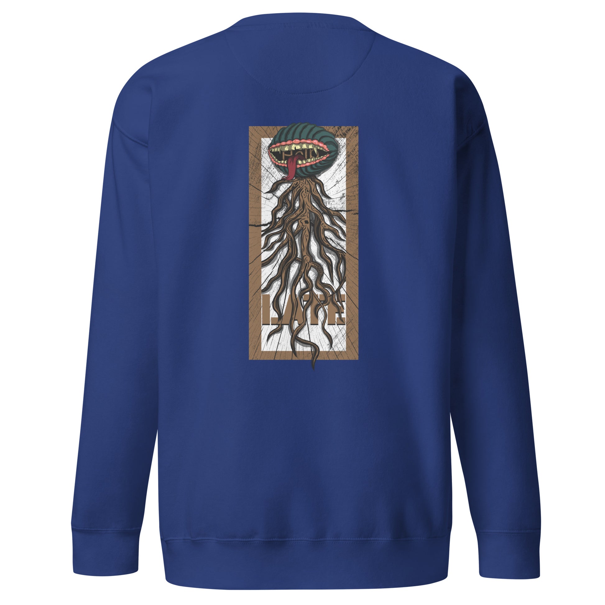 Sweatshirt Hungry plante carnivore style santacruz skateboarding, fond style bois old school skate, sweat unisex dos couleur bleu