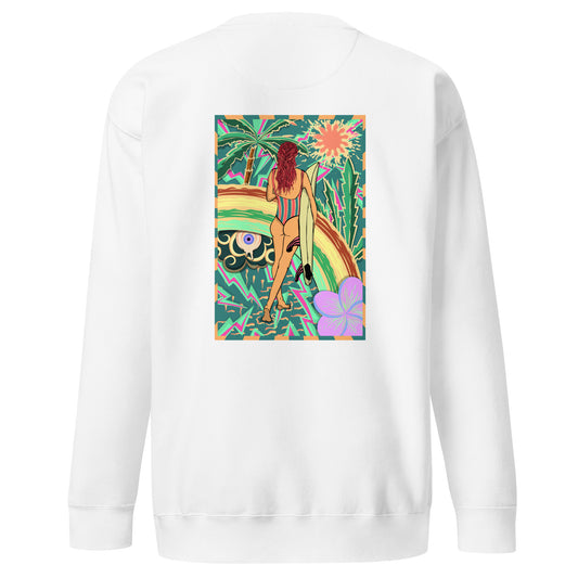 Sweatshirt surfeuse Walk Of Life psychédélique palmier fleur de vanille, sweat unisex couleur blanc