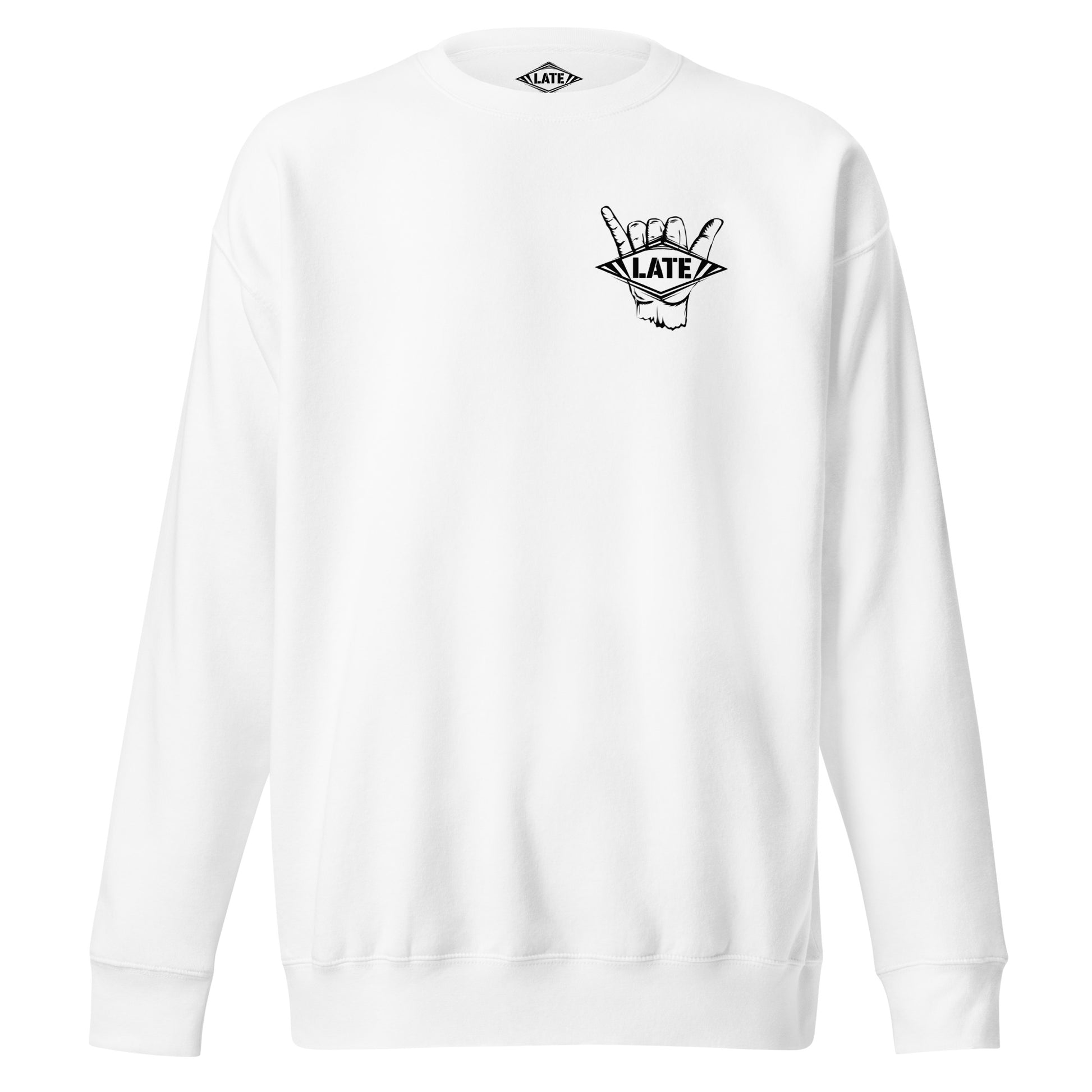 Sweatshirt Never Too Late shaka hand surfeur, avec le logo Late surfoard, sweat unisex de face couleur blanc