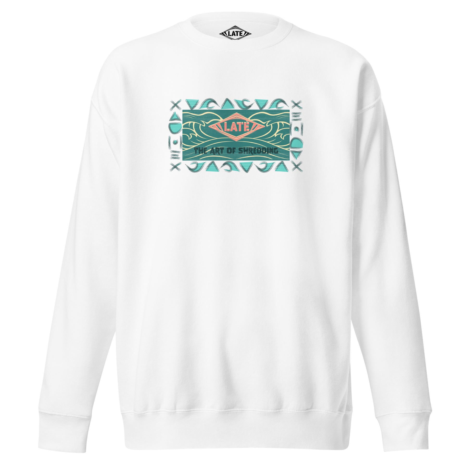 Pull vintage art of shredding, motifs hawaïen vagues, et océan avec le logo surfshop Late, sweatshirt unisex blanc