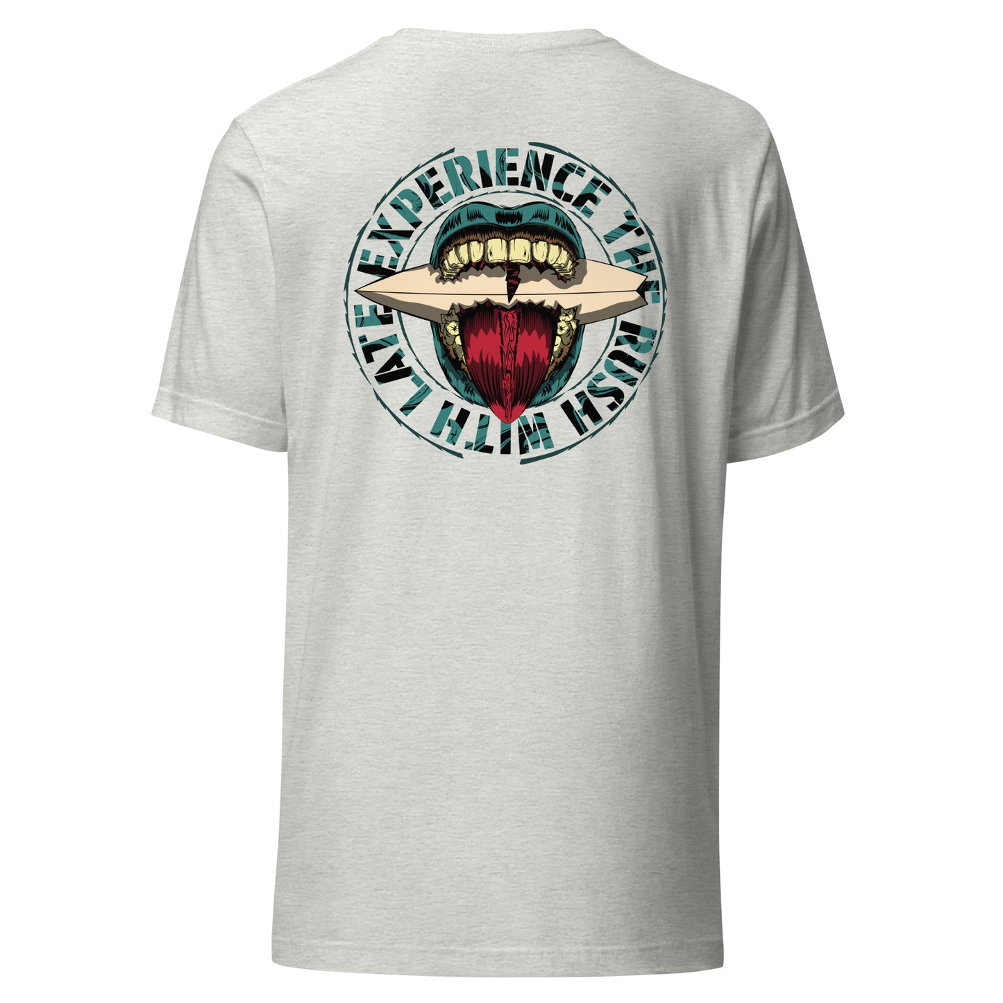 T-Shirt de surfeur style santacruz skateboarding et planche de surf texte experience the rush Late t-shirt dos couleur gris