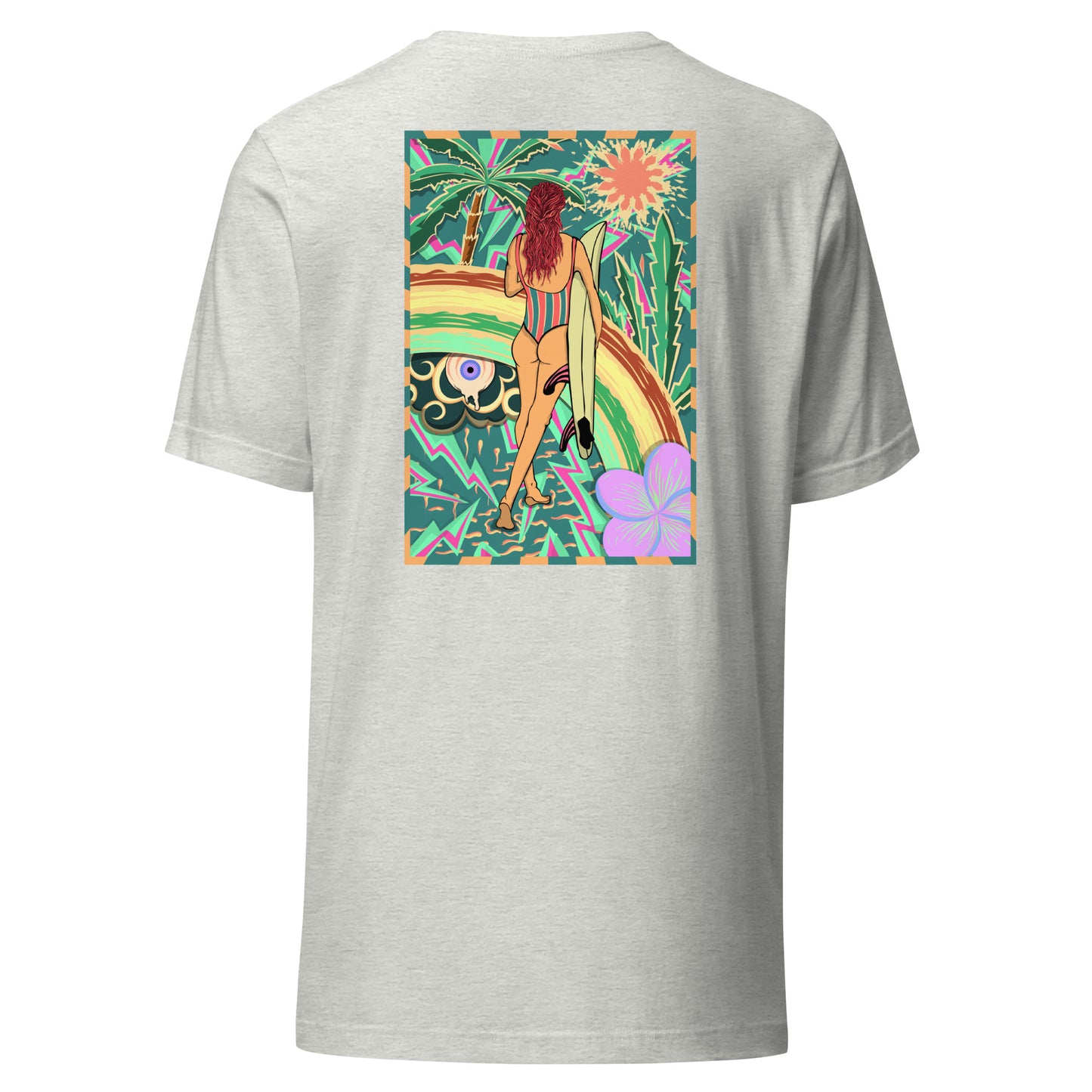T-shirt surf vintage Walk Of Life surfeuse coloré hippie avec des palmier, fleur, arc en ciel et œil psychédélique. Tshirt dos gris