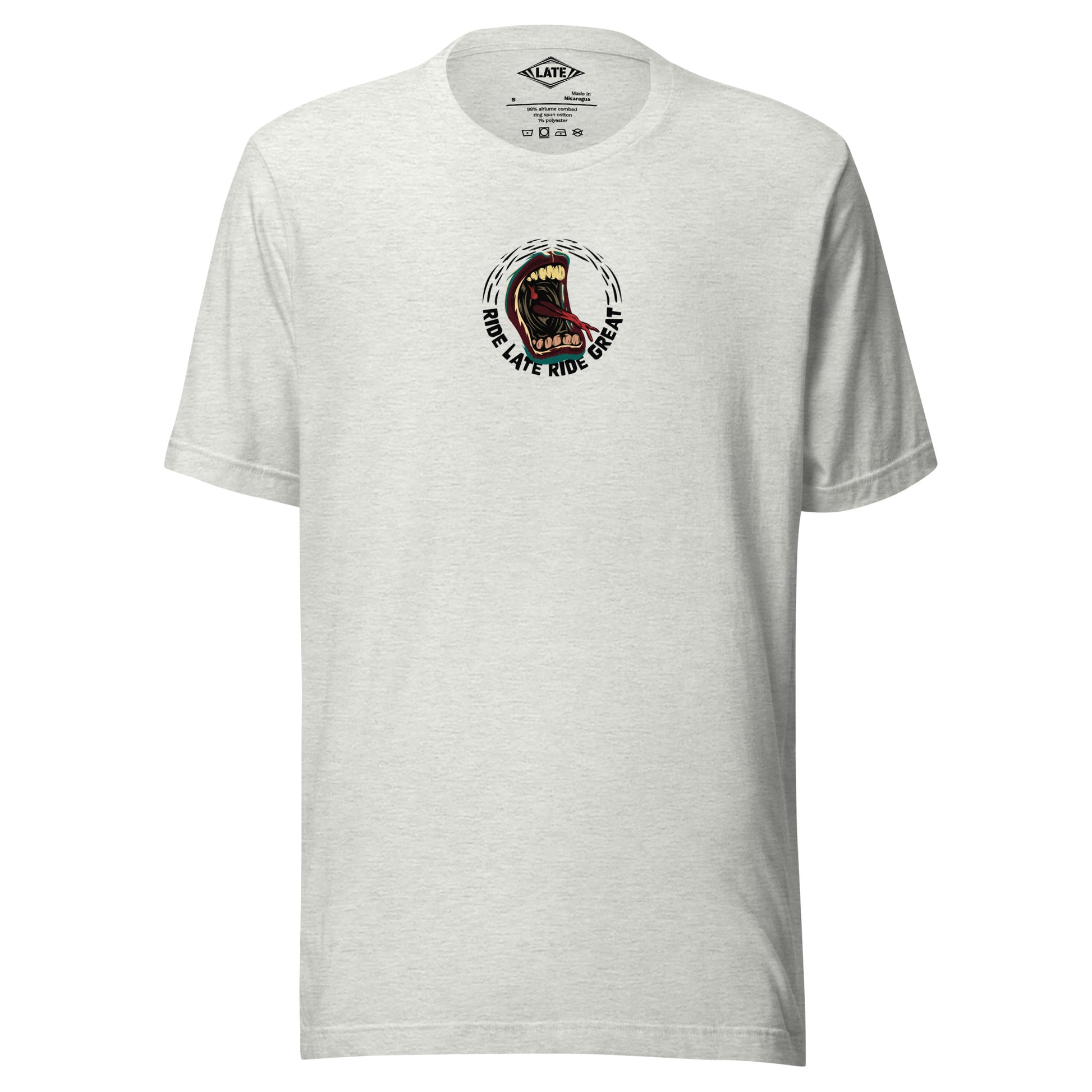 T-Shirt Ride Late Live Great skate style volcom avec un design de bouche qui tire la langue couleur du t-shirt unisex gris