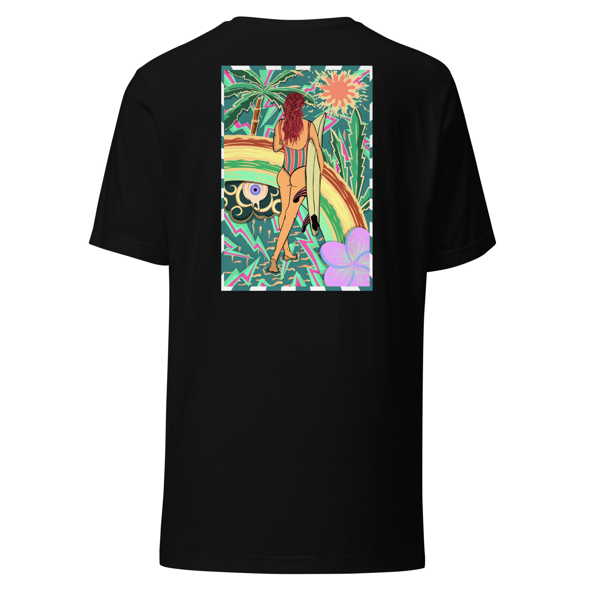T-shirt surf vintage Walk Of Life surfeuse coloré hippie avec des palmier, fleur, arc en ciel et œil psychédélique. Tshirt dos noir