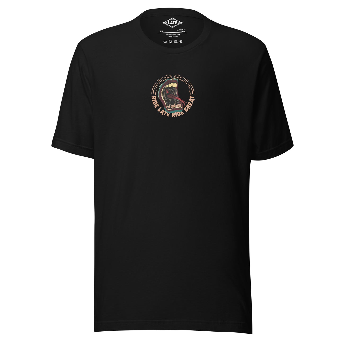 T-Shirt Ride Late Live Great skate style volcom avec un design de bouche qui tire la langue couleur du t-shirt unisex noir