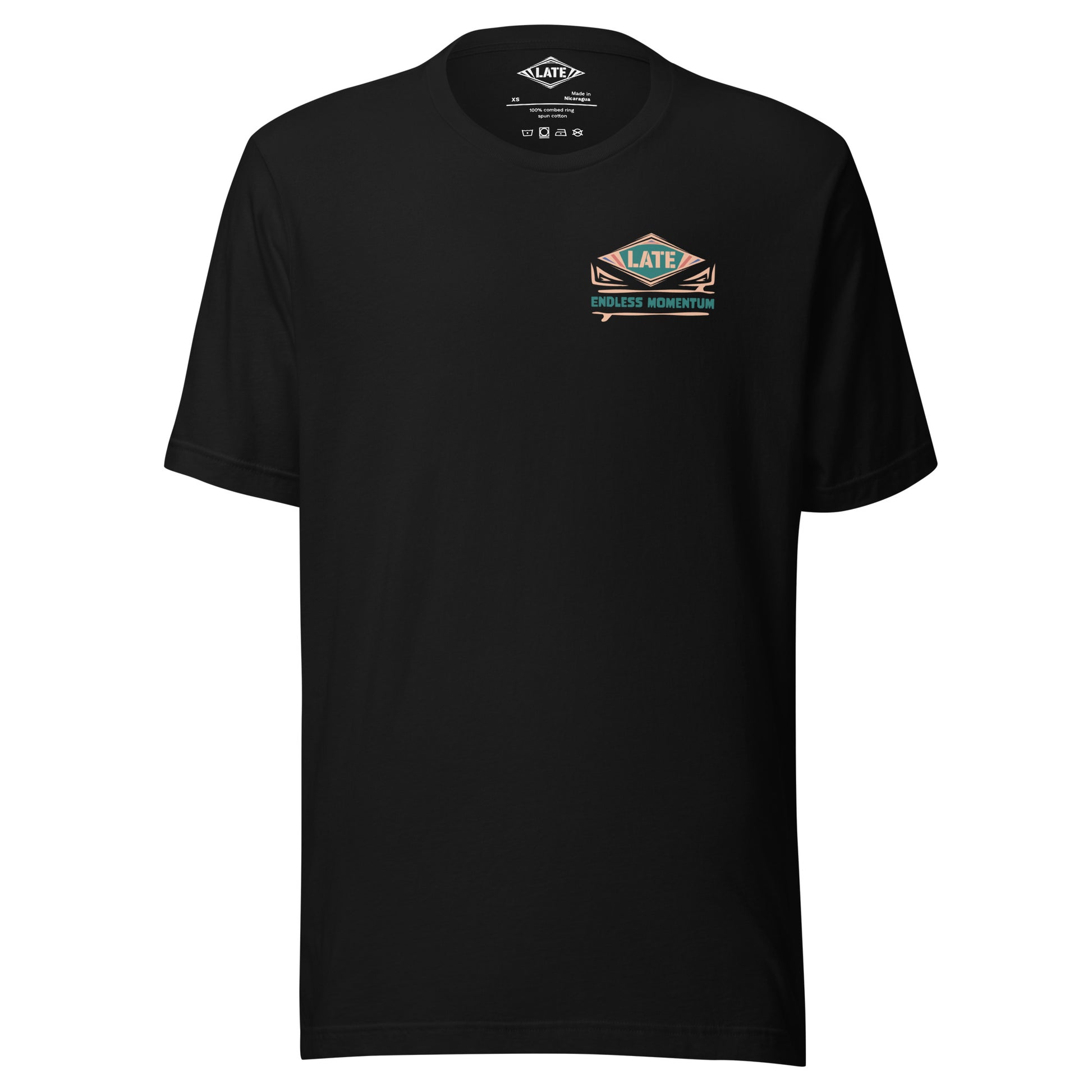 T-shirt surf rétro polynésiens, endless momentum avec motifs maori et des iles, logo Late, tee-shirt unisexe de face et noir