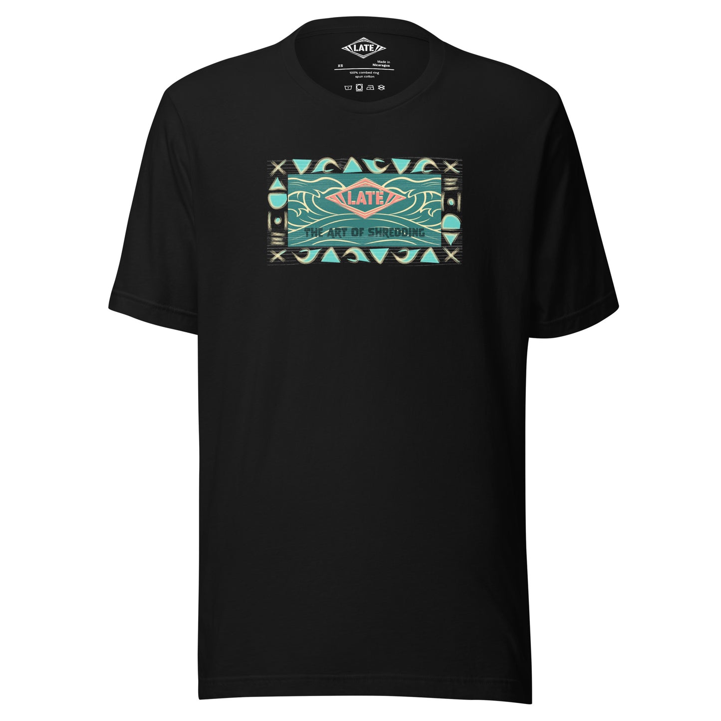 T-Shirt rétro surfwear art of shredding, logo Late surfshop motifs de vagues creuses, et dom-tom, t-shirt unisex noir