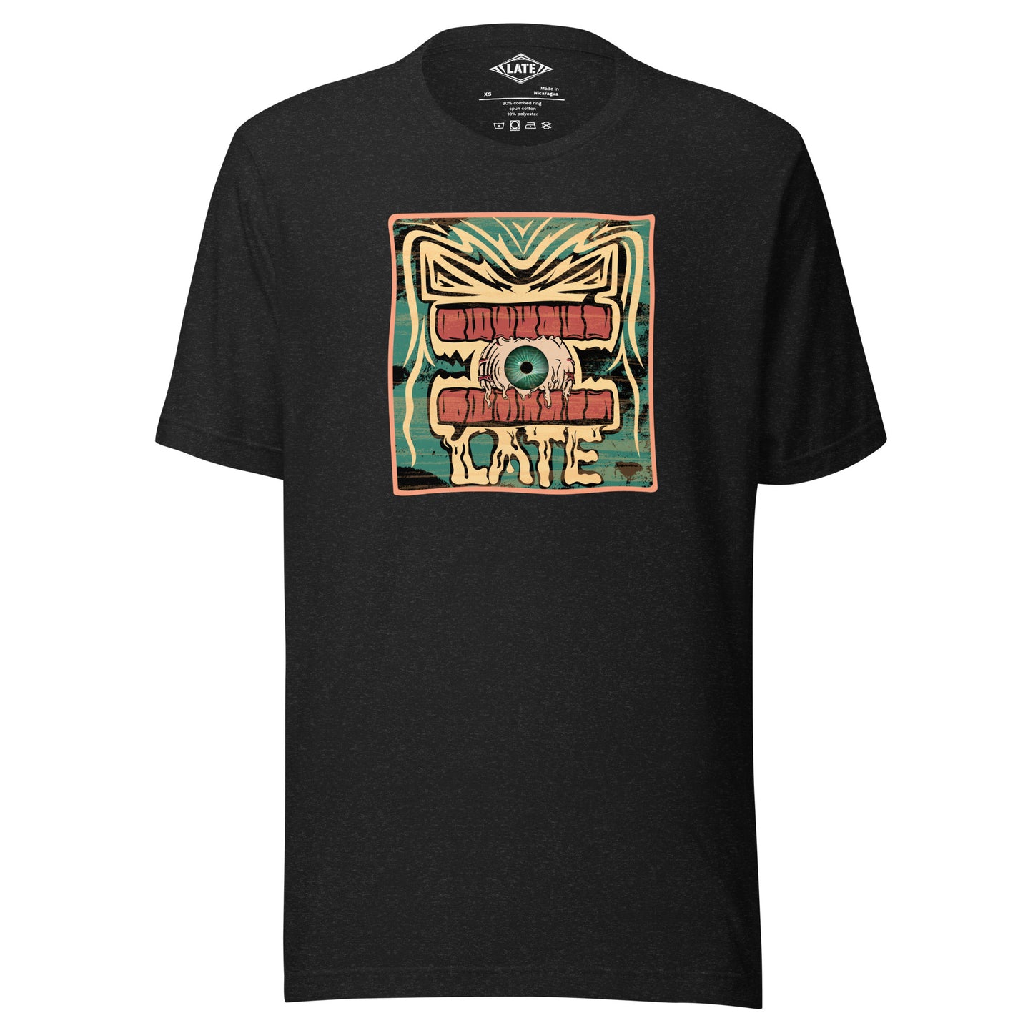 T-shirt rétro skateboarding, design couleur délavée, années 70,80, original dent et oeil skate, tee-shirt unisexe noir heather
