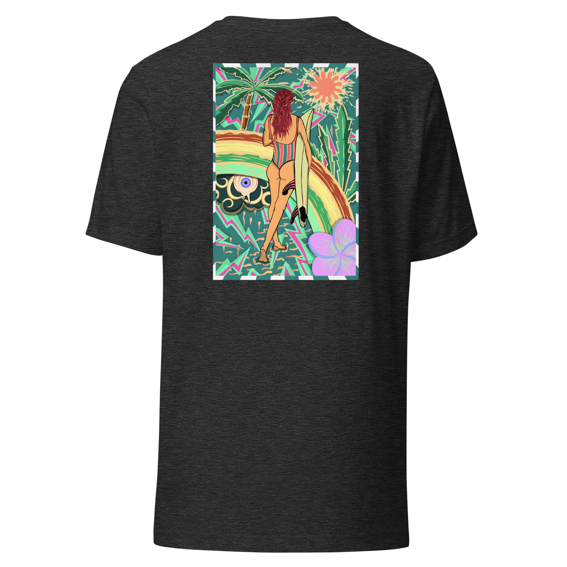 T-shirt surf vintage Walk Of Life surfeuse coloré hippie avec des palmier, fleur, arc en ciel et œil psychédélique. Tshirt dos gris foncé