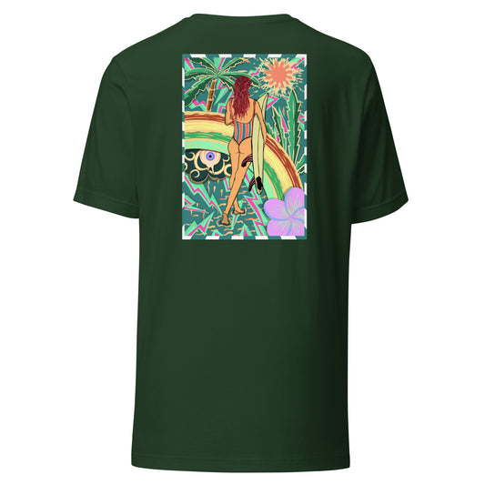 T-shirt surf vintage Walk Of Life surfeuse coloré hippie avec des palmier, fleur, arc en ciel et œil psychédélique. Tshirt dos vert
