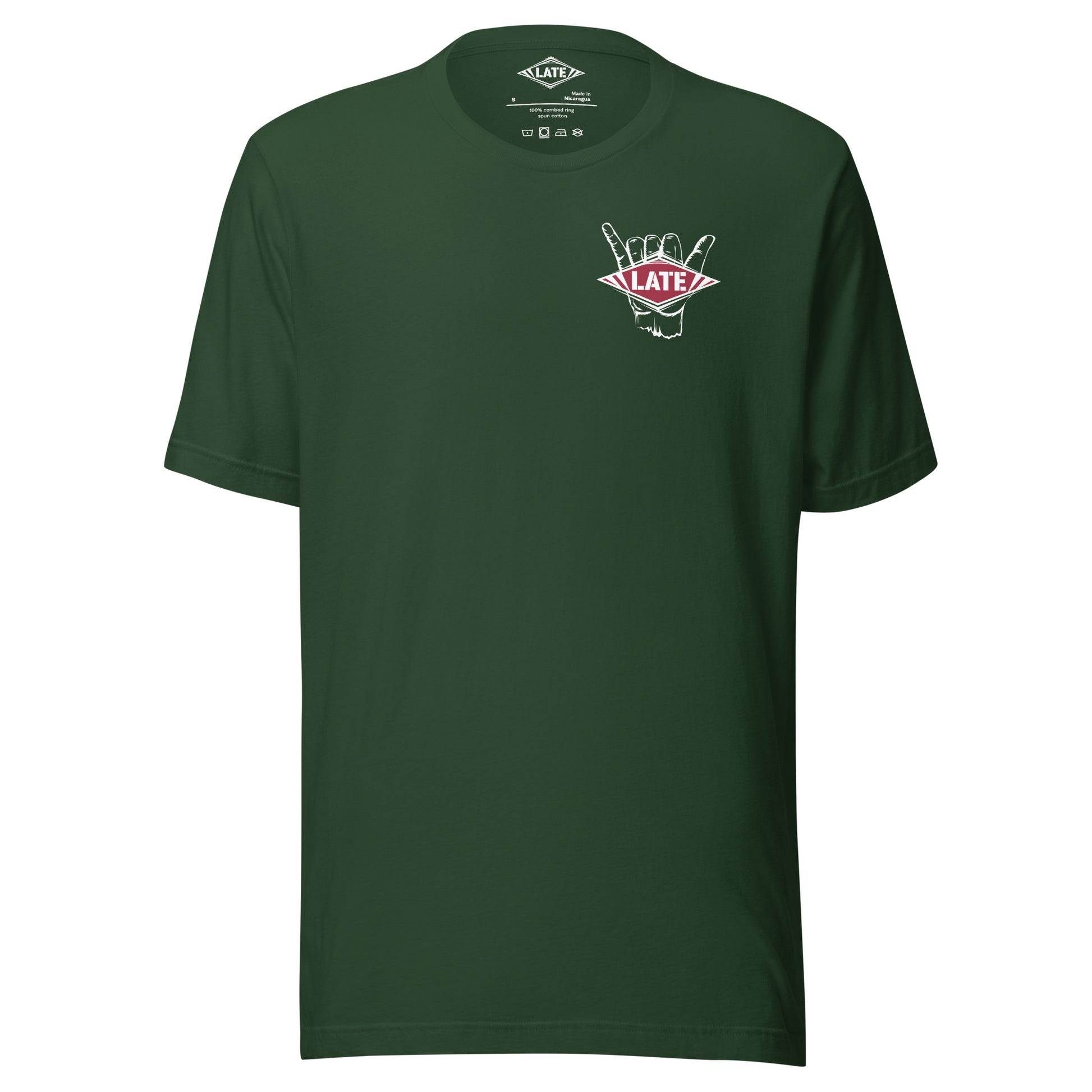 T-Shirt surfing main shaka avec le logo Late face avant t-shirt unisex couleur vert foret
