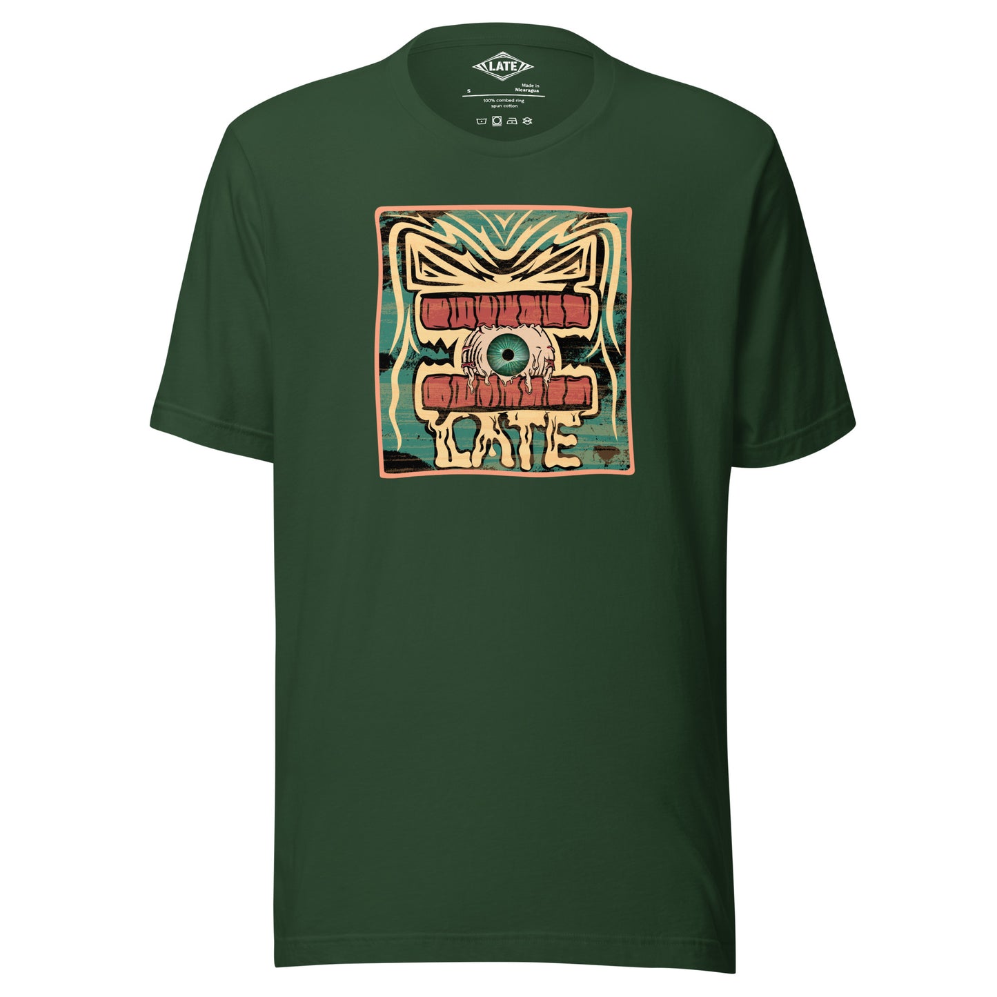 T-shirt rétro skateboarding, design couleur délavée, années 70,80, original dent et oeil skate, tee-shirt unisexe vert foret