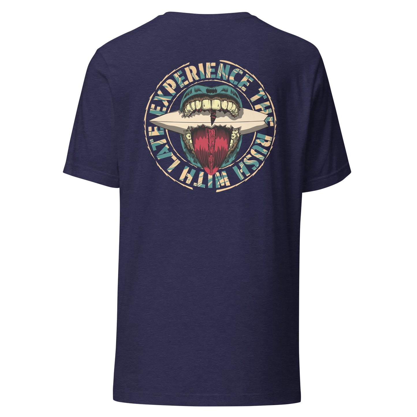 T-Shirt de surfeur style santacruz skateboarding et planche de surf texte experience the rush Late t-shirt dos couleur navy heather