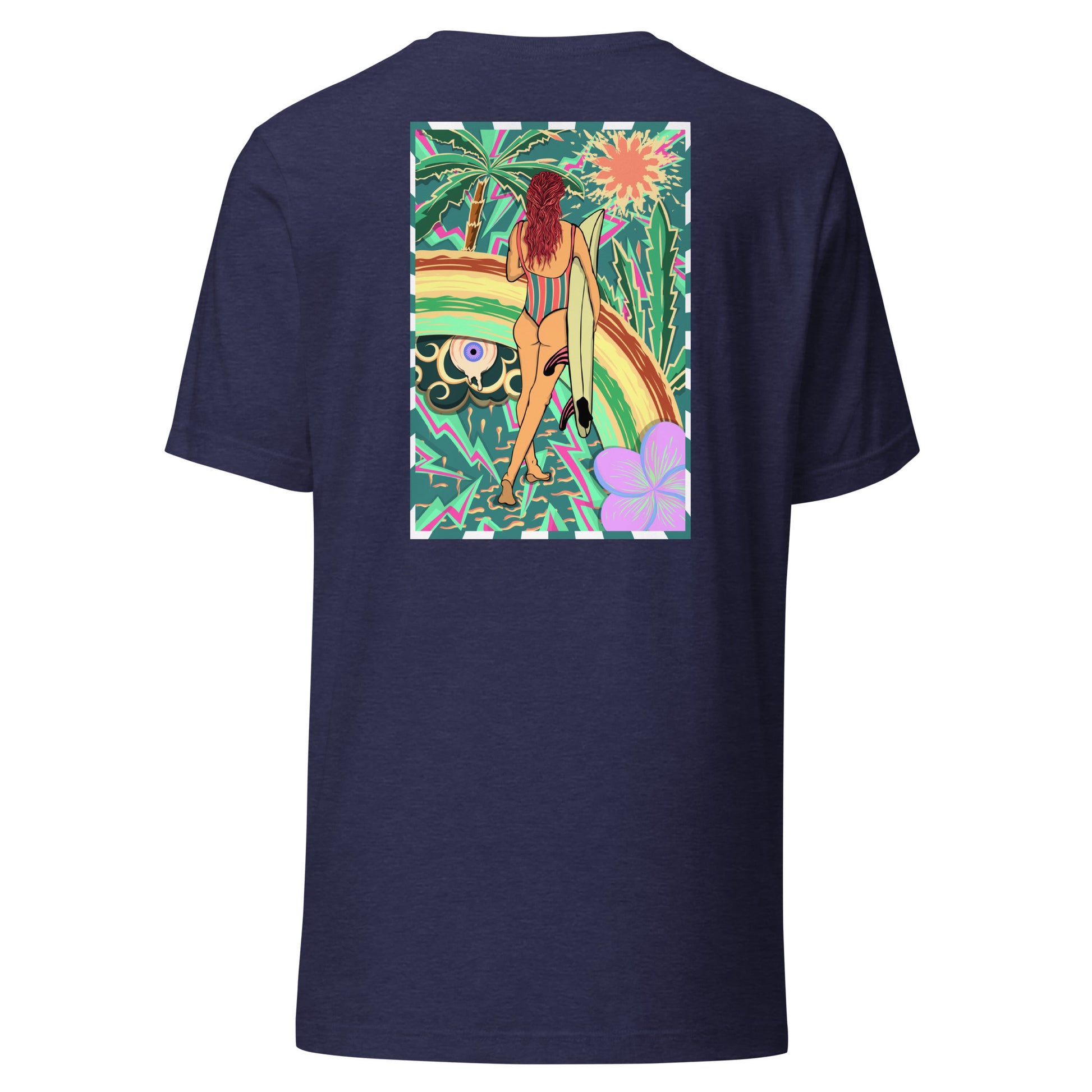 T-shirt surf vintage Walk Of Life surfeuse coloré hippie avec des palmier, fleur, arc en ciel et œil psychédélique. Tshirt dos navy nuit
