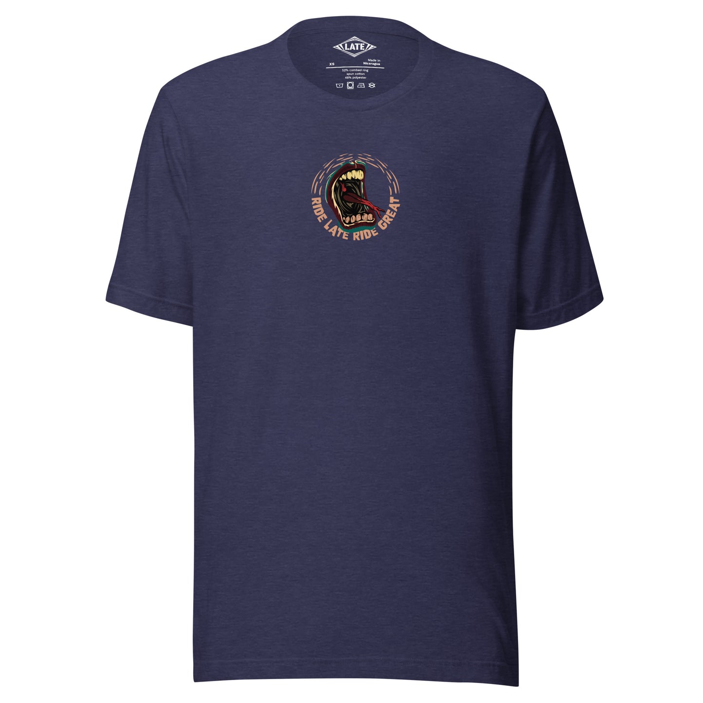 T-Shirt Ride Late Live Great skate style volcom avec un design de bouche qui tire la langue couleur du t-shirt unisex heather navy