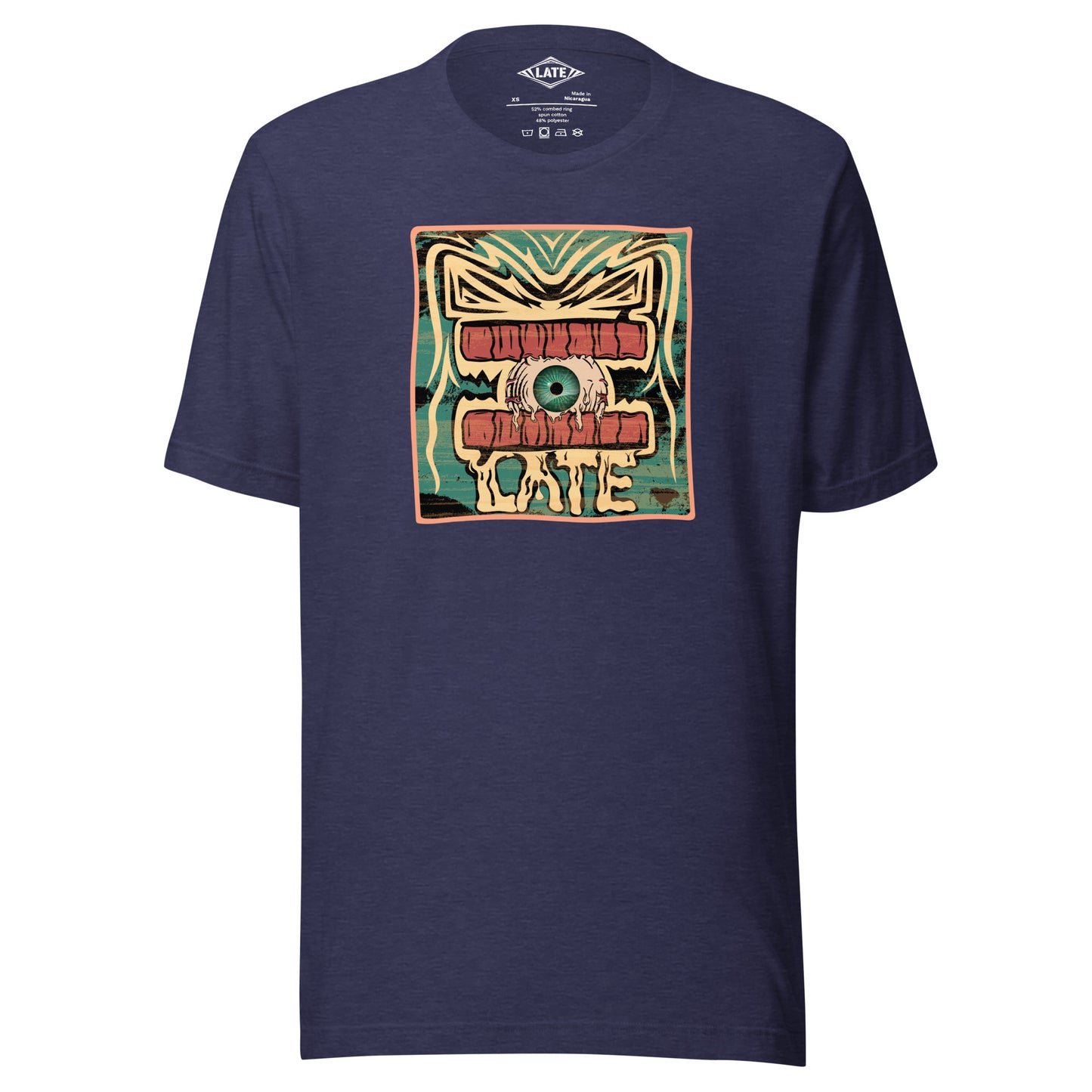 T-shirt rétro skateboarding, design couleur délavée, années 70,80, original dent et oeil skate, tee-shirt unisexe bleu nuit